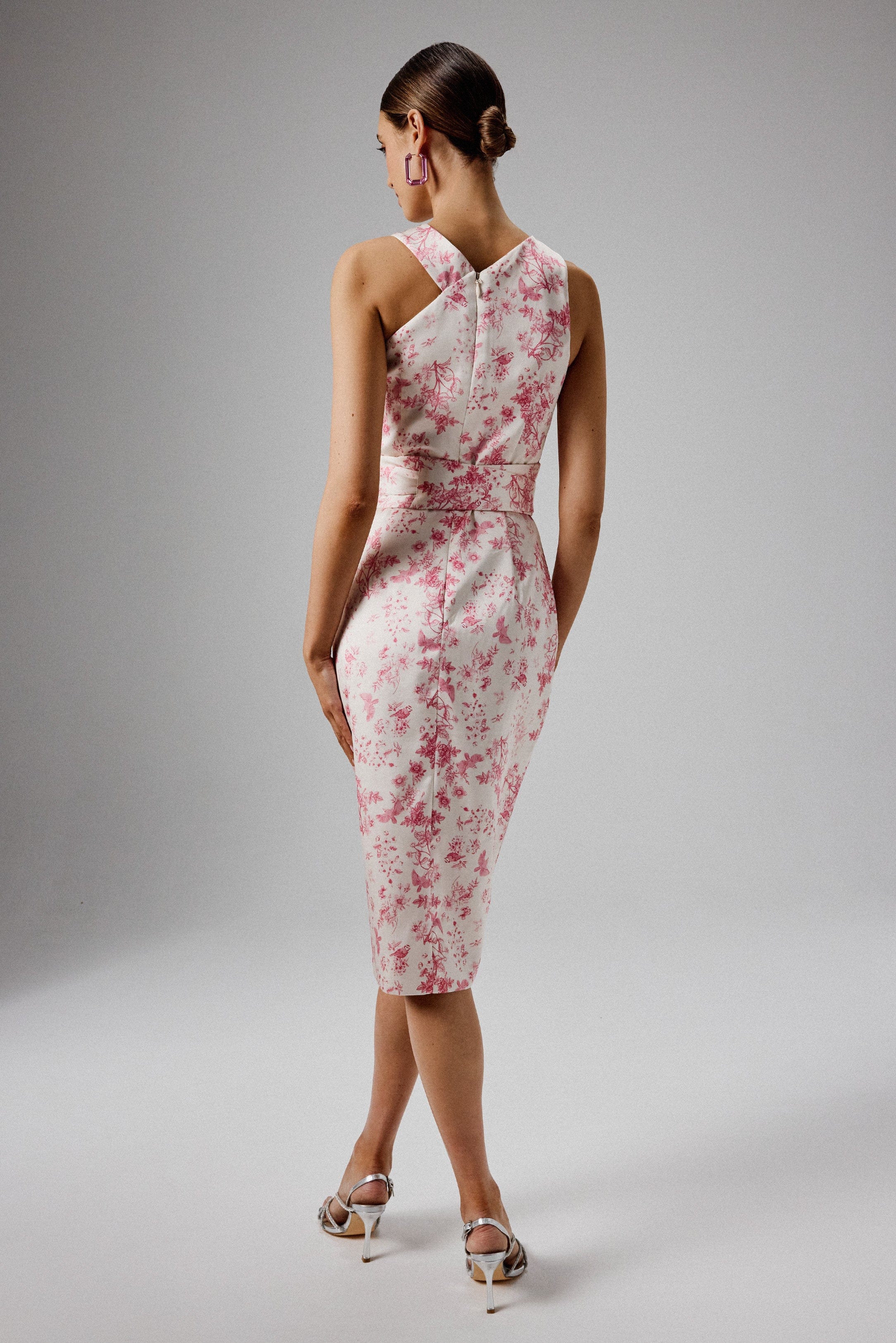 BRIELLE Bonded Satin Obi Belted Halterneck Midi Dress in Pink Porcelain