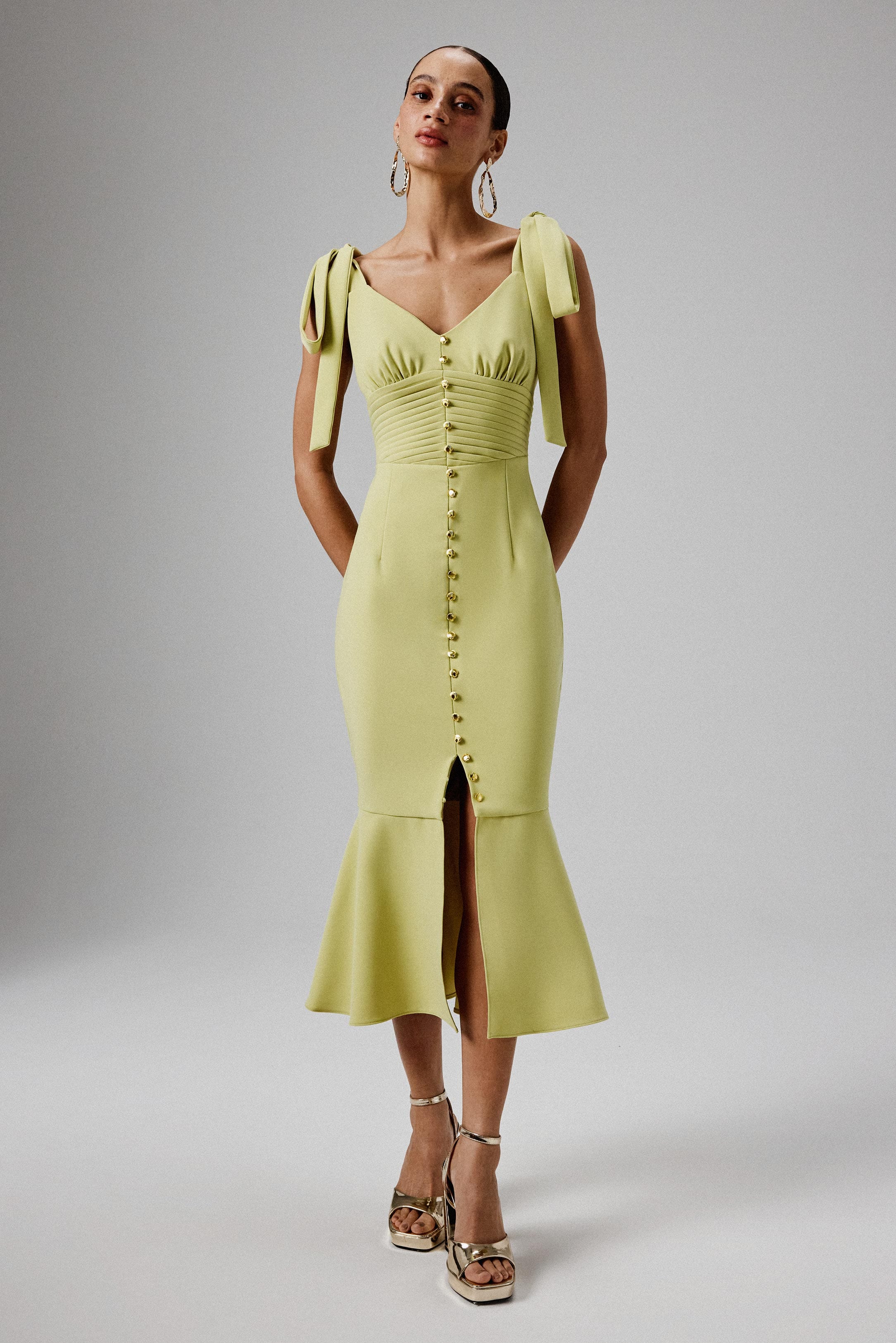 KAMILA Tie Strap Micro Shell Button Midi Dress in Lime Green