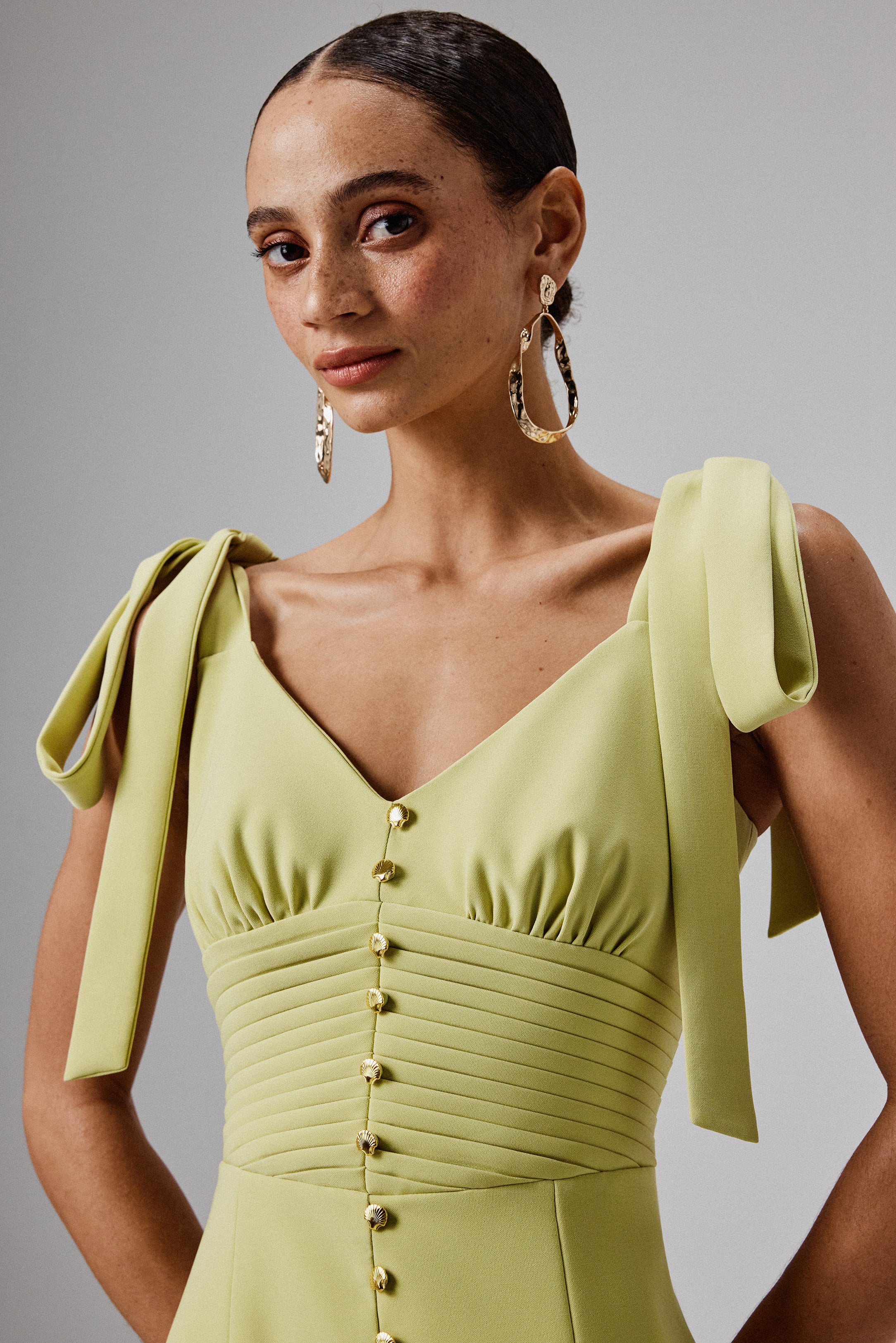 KAMILA Tie Strap Micro Shell Button Midi Dress in Lime Green