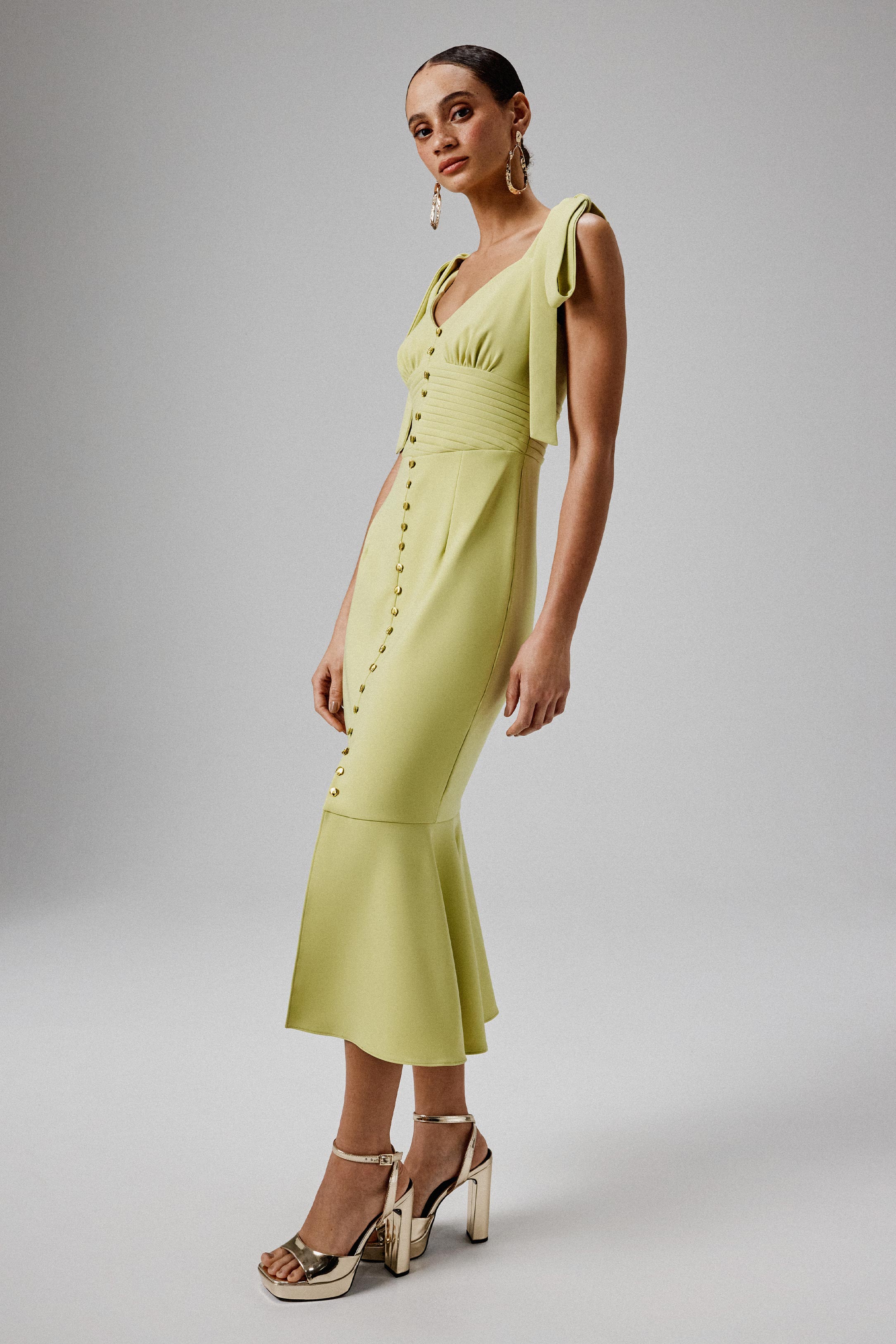 KAMILA Tie Strap Micro Shell Button Midi Dress in Lime Green