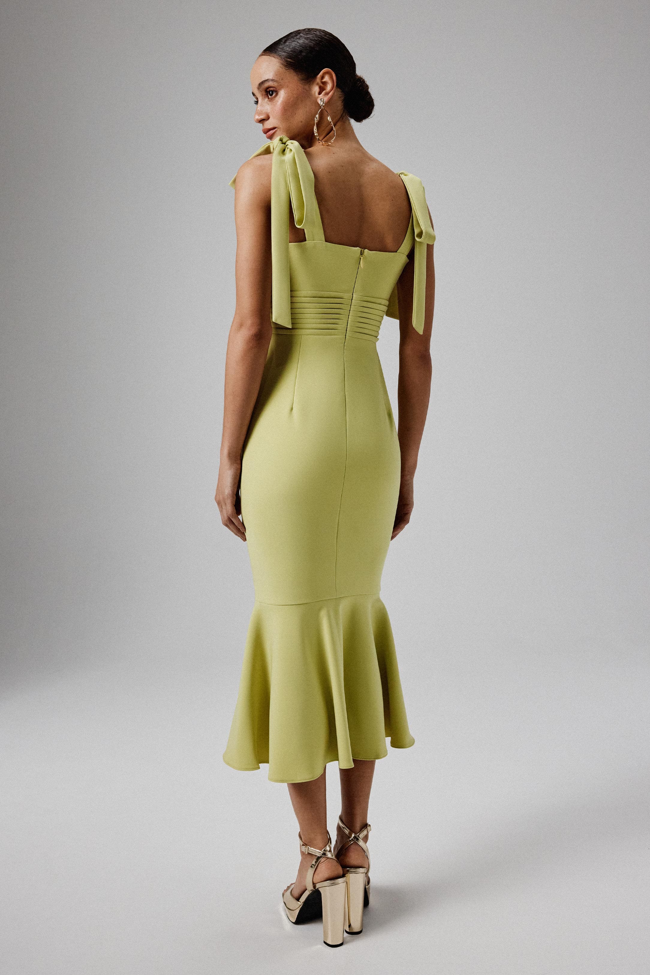 KAMILA Tie Strap Micro Shell Button Midi Dress in Lime Green