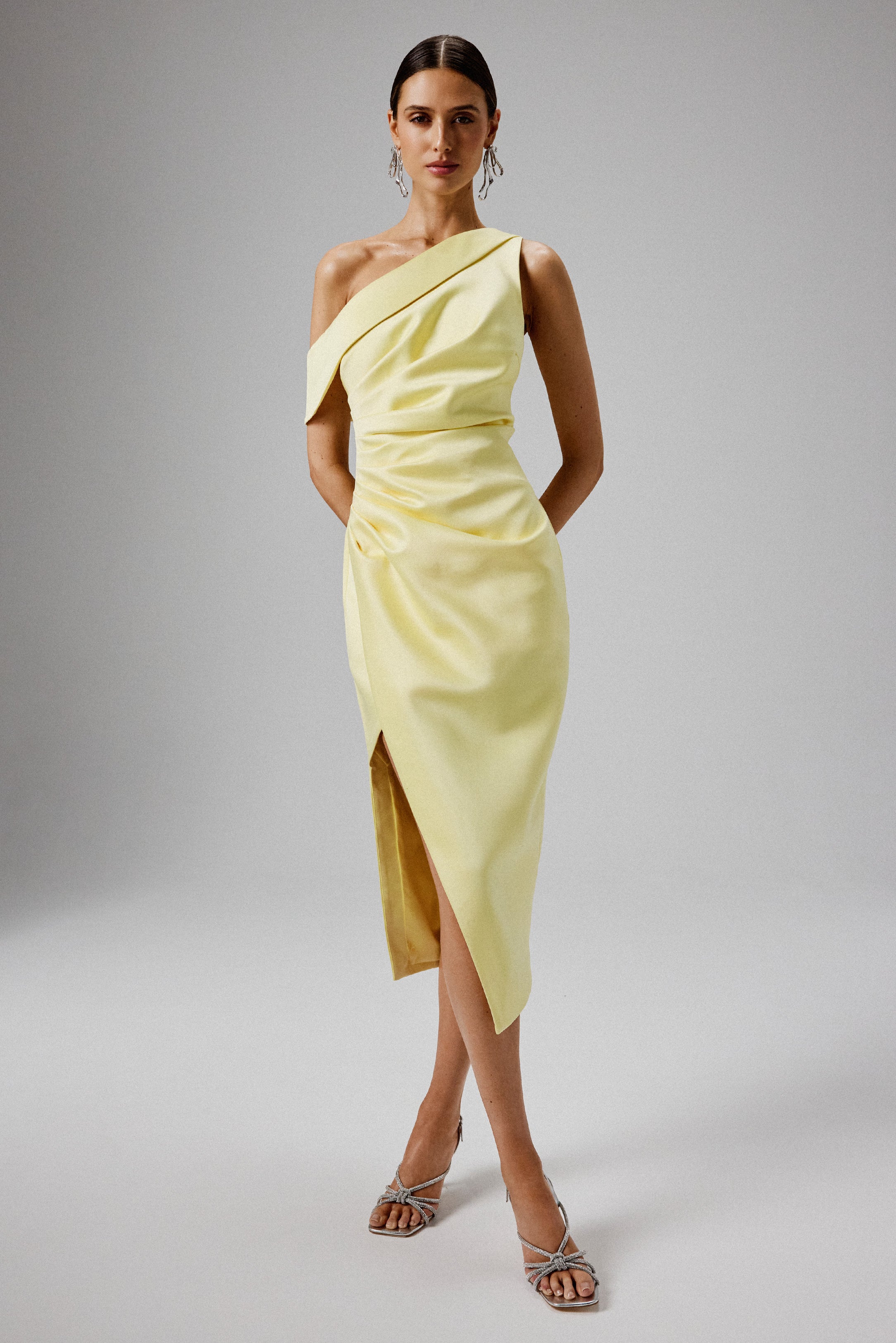 BAMBI Asymmetric Neckline Pleated Satin Midi Dress in Yellow