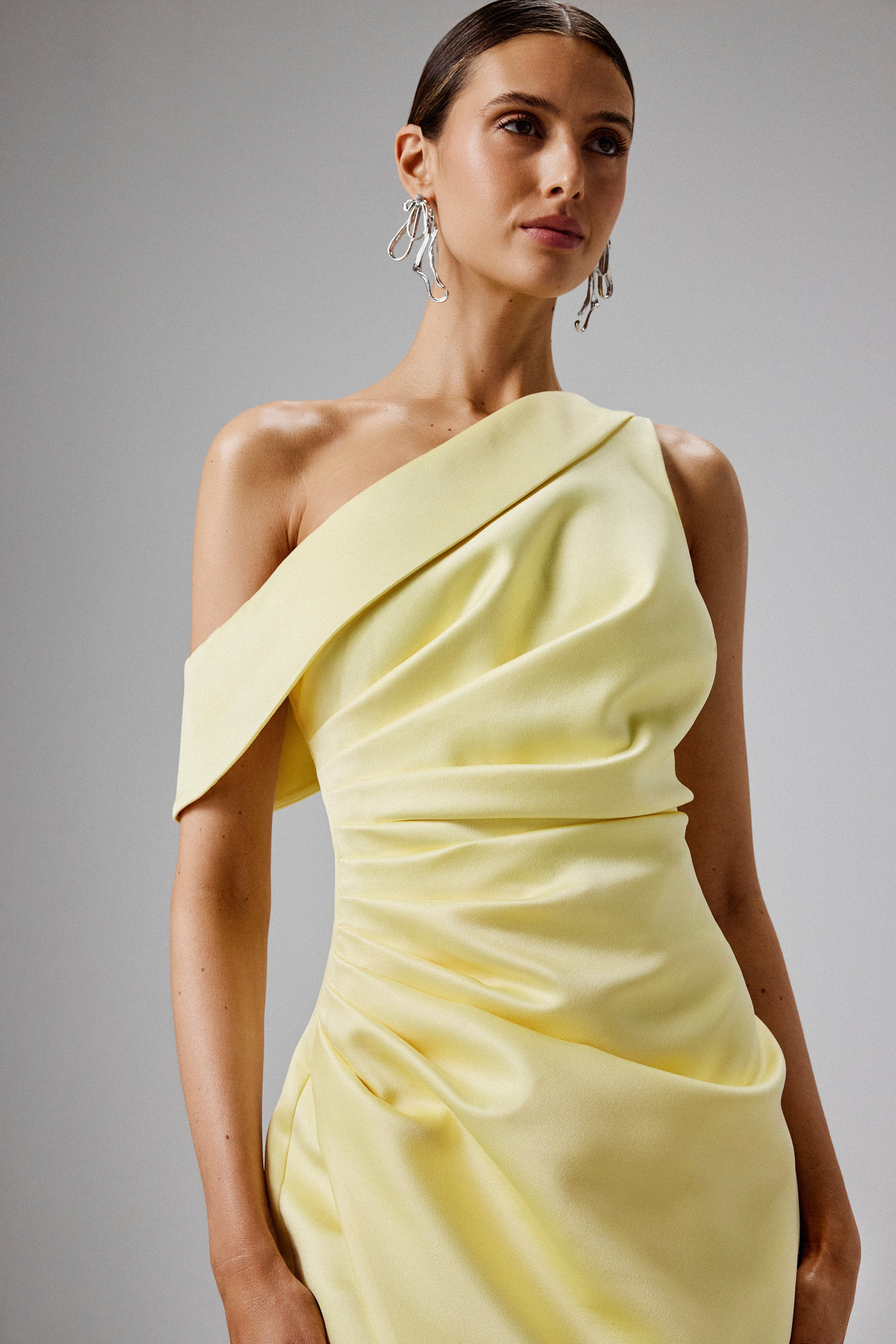 BAMBI Asymmetric Neckline Pleated Satin Midi Dress in Yellow