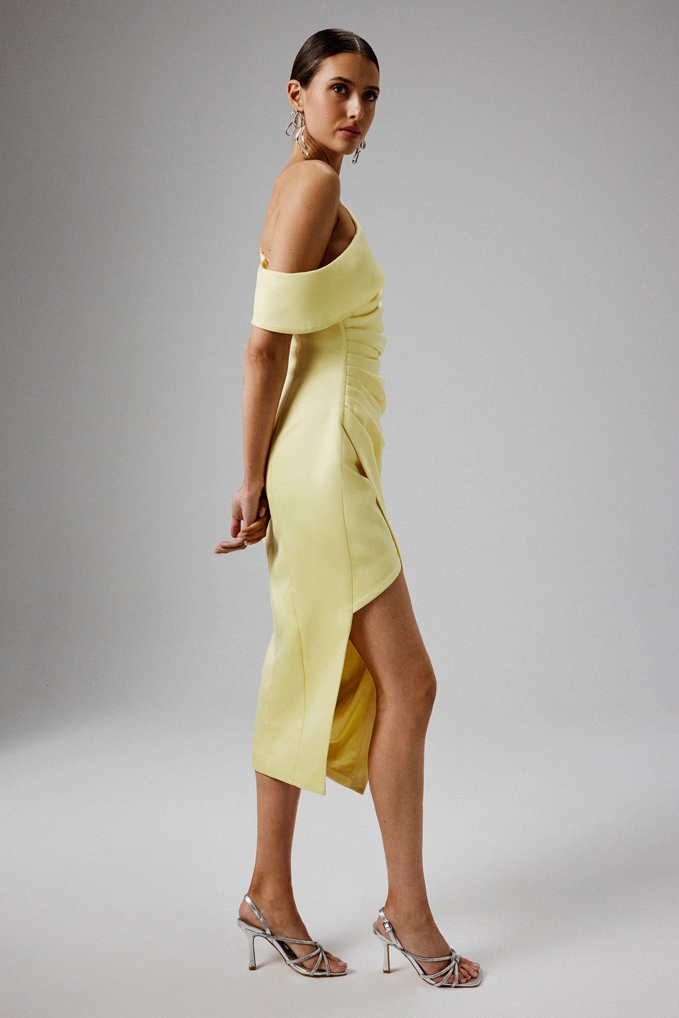 BAMBI Asymmetric Neckline Pleated Satin Midi Dress in Yellow