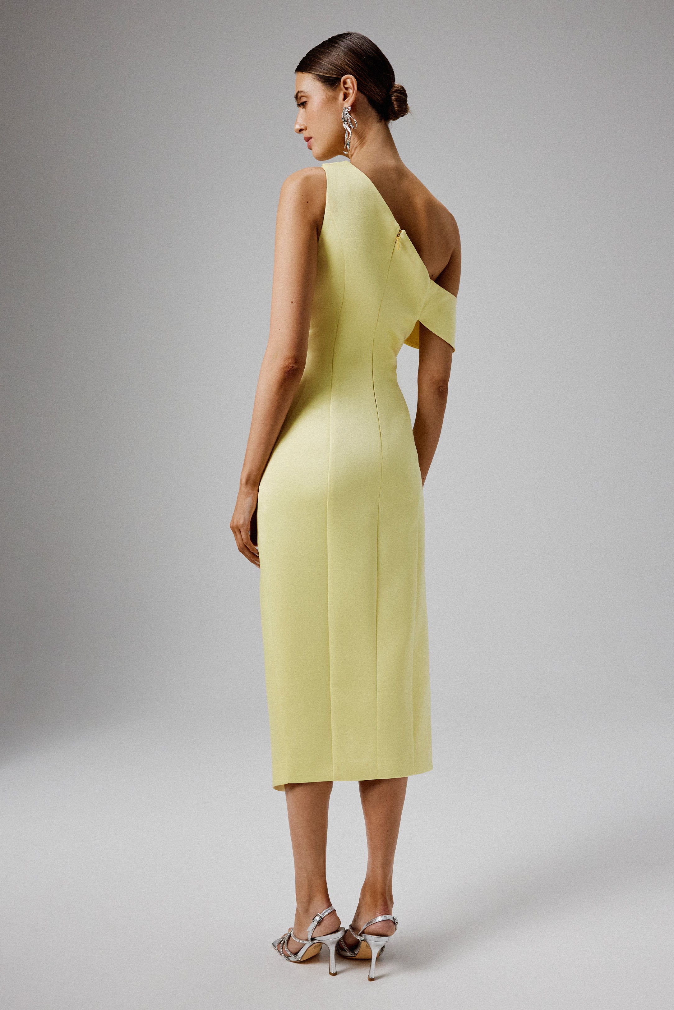 BAMBI Asymmetric Neckline Pleated Satin Midi Dress in Yellow