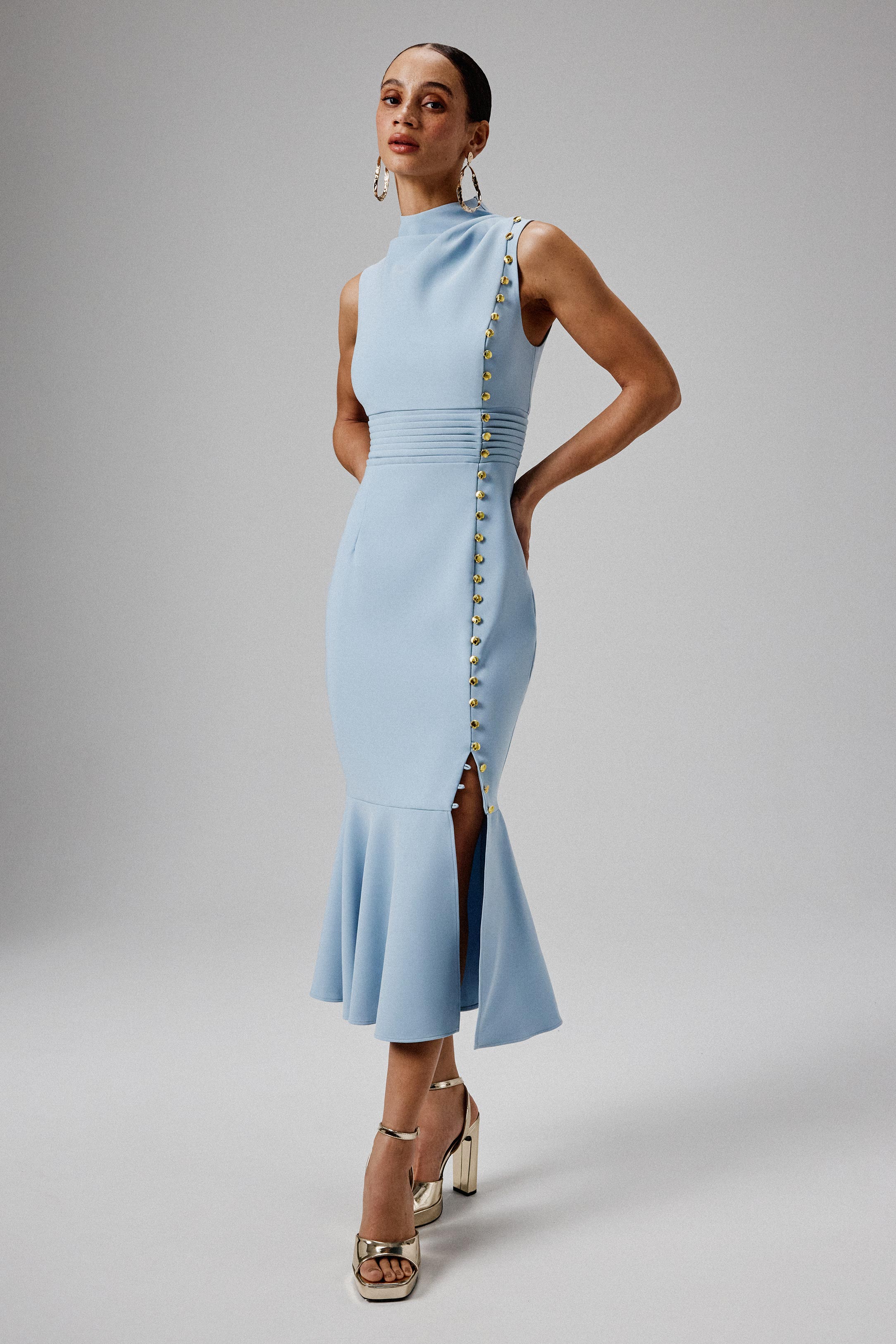 SAFFRON High Neck Micro Shell Button Midi Dress in Blue