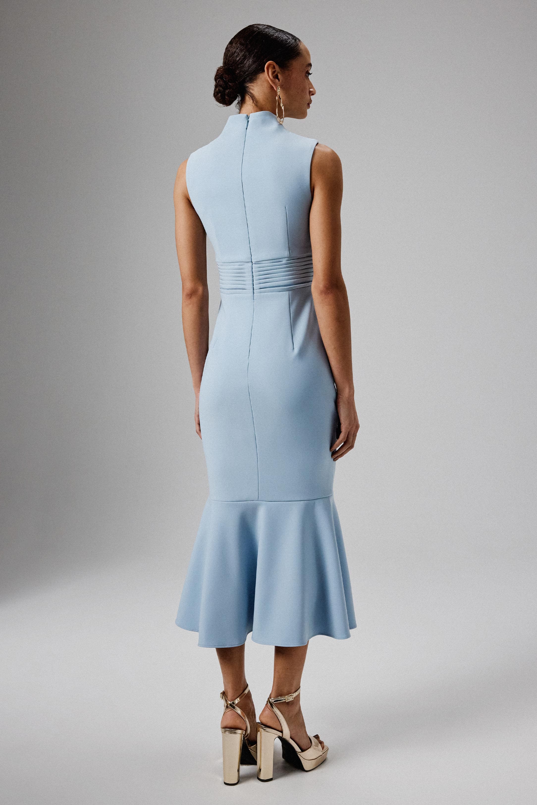 SAFFRON High Neck Micro Shell Button Midi Dress in Blue