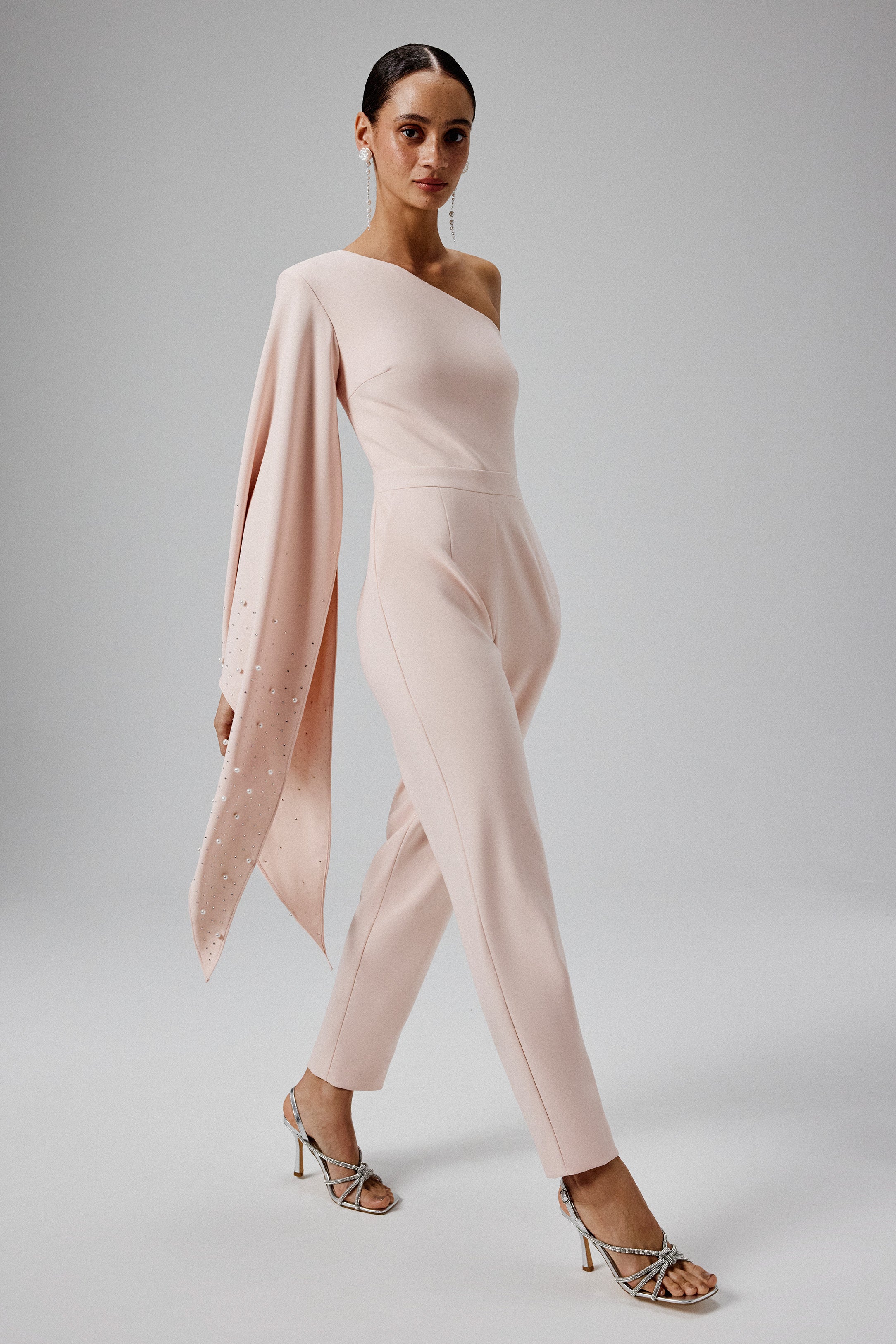 KADY Ombre Embellished One Shoulder Jumpsuit in Blush Pink