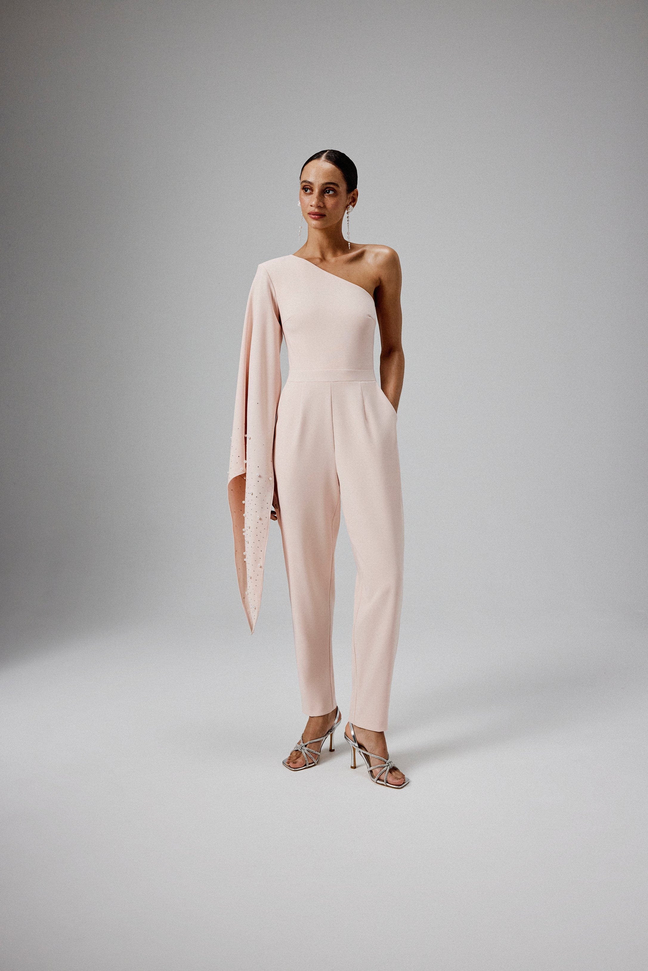 KADY Ombre Embellished One Shoulder Jumpsuit in Blush Pink