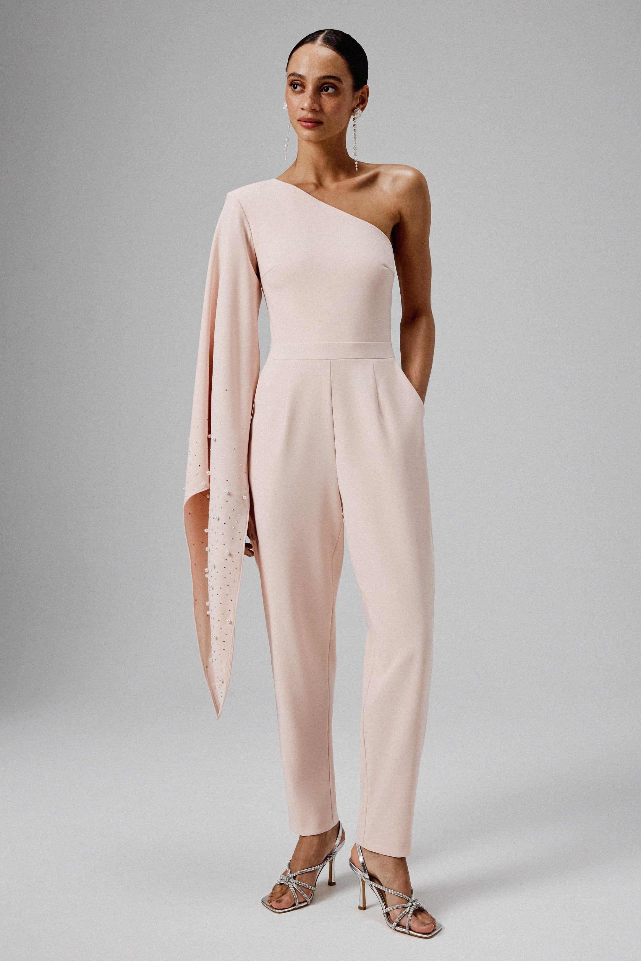 KADY Ombre Embellished One Shoulder Jumpsuit in Blush Pink