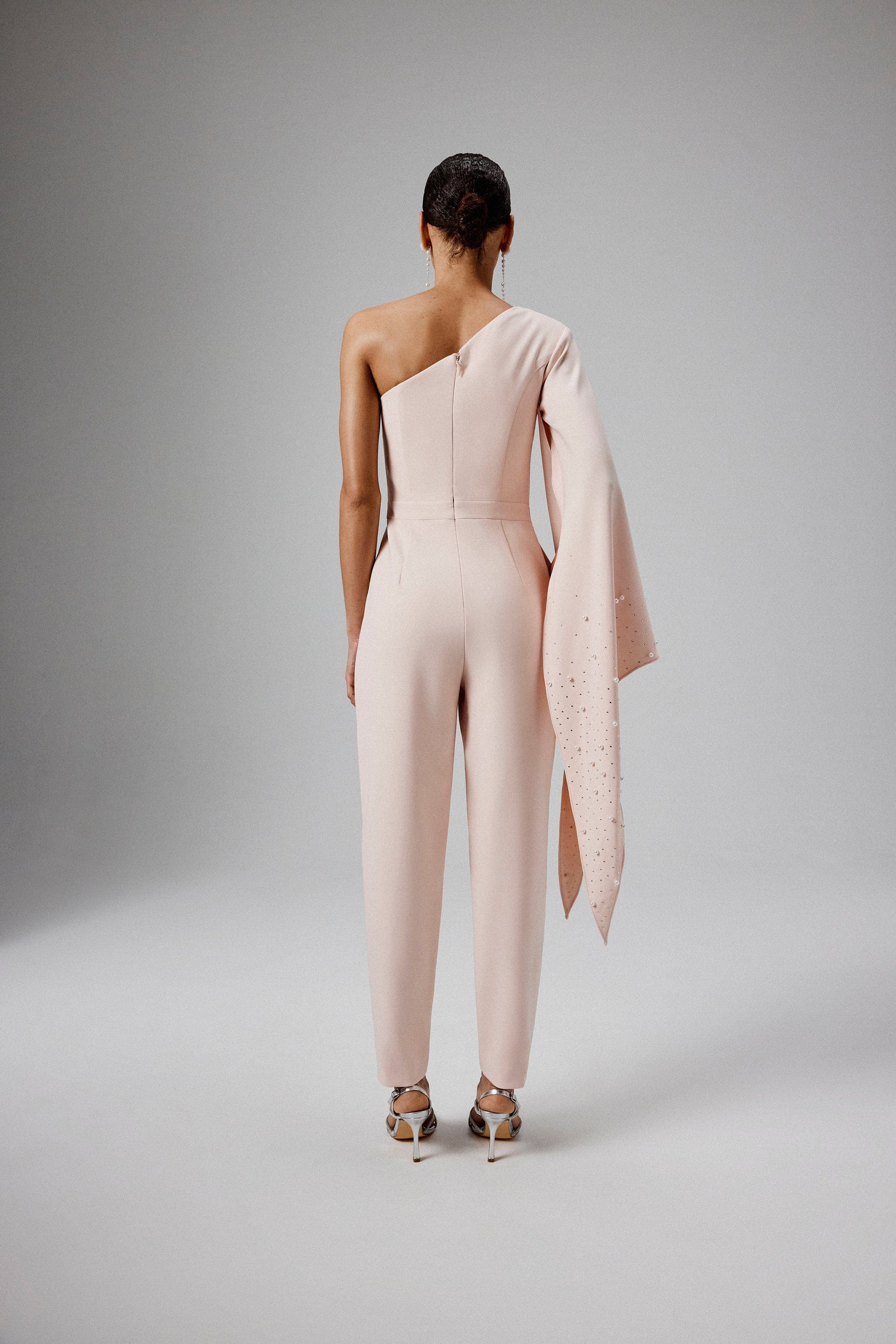 KADY Ombre Embellished One Shoulder Jumpsuit in Blush Pink