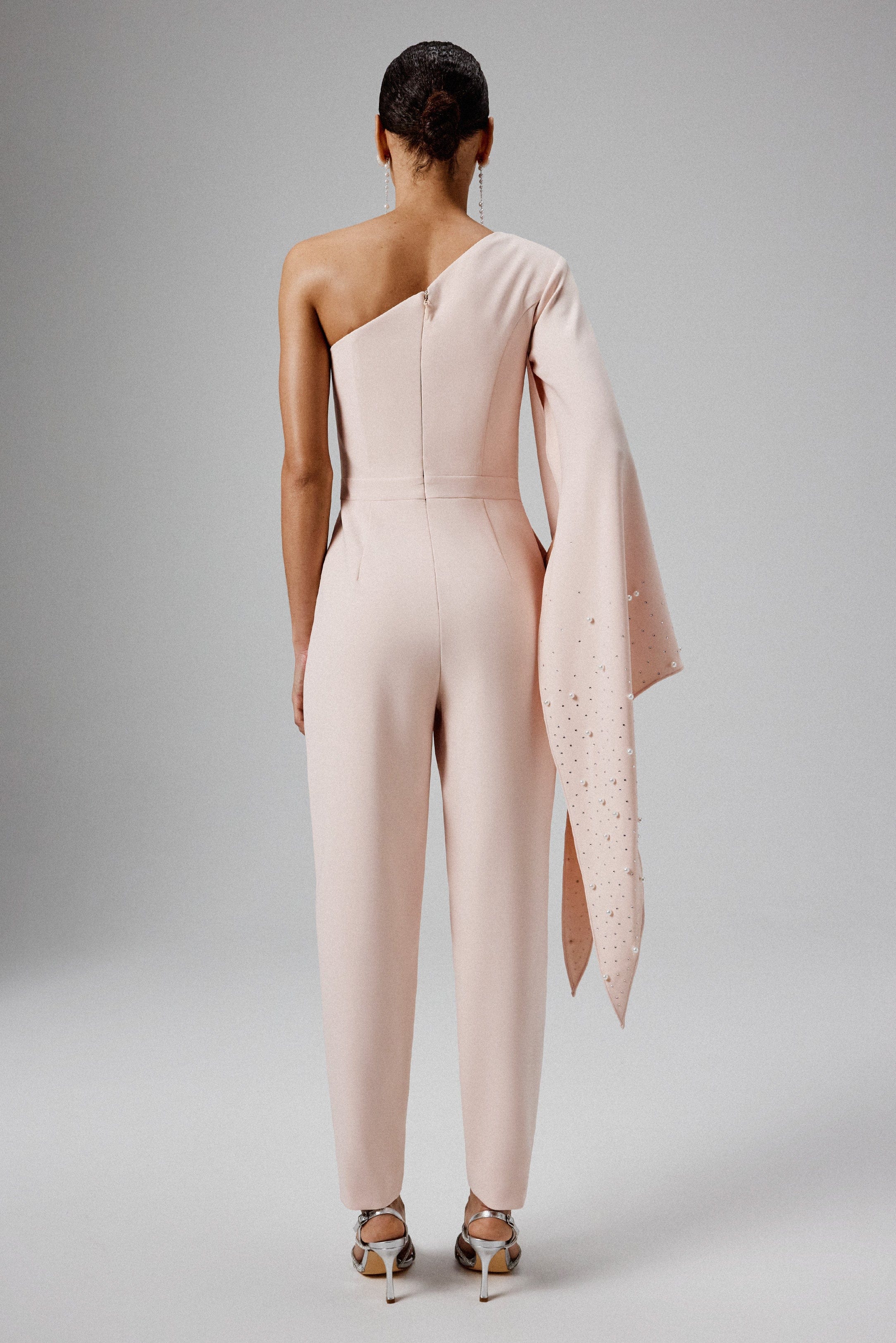 KADY Ombre Embellished One Shoulder Jumpsuit in Blush Pink