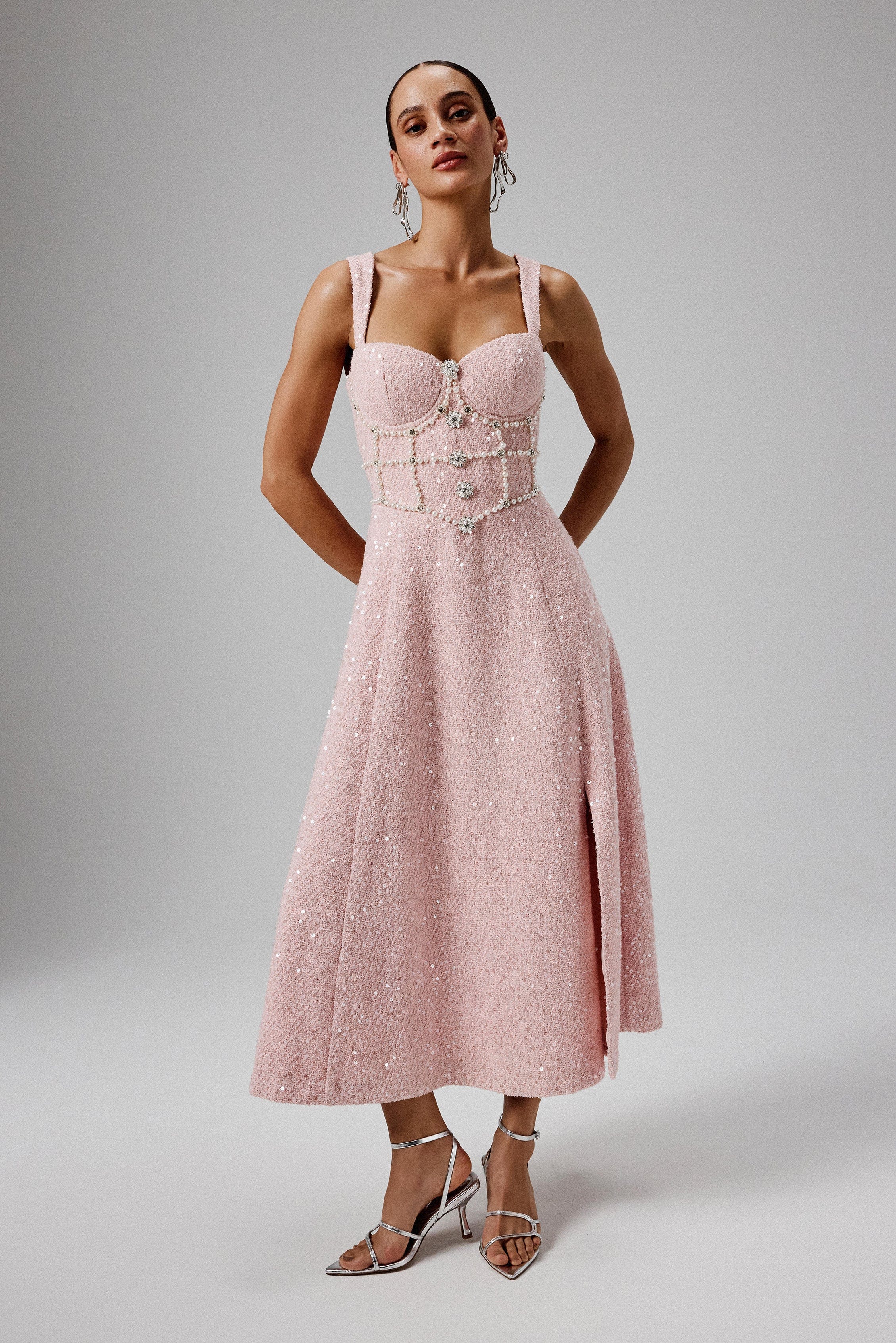 KIRA Pearl Embellished Boucle A Line Dress in Pink