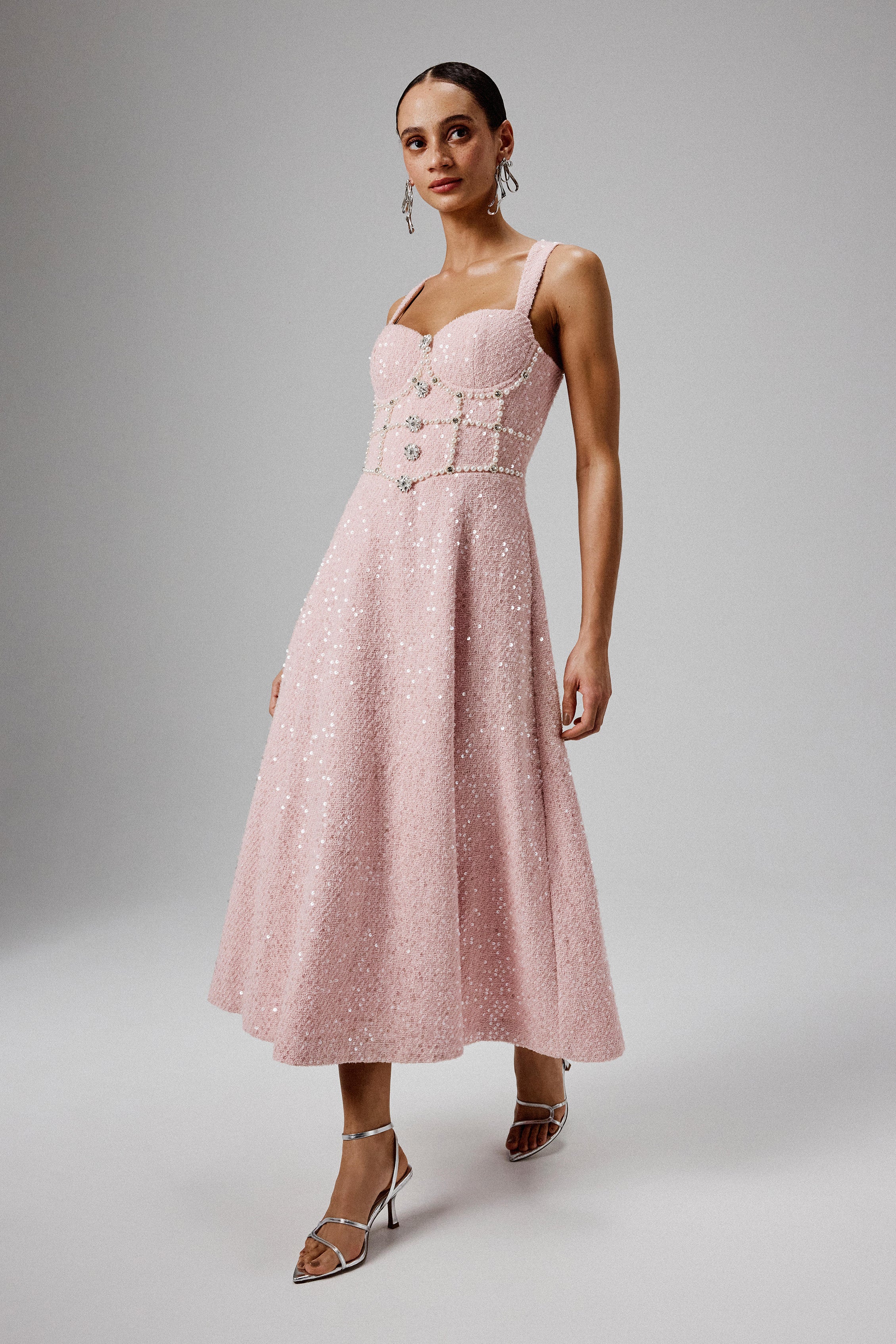 KIRA Pearl Embellished Boucle A Line Dress in Pink