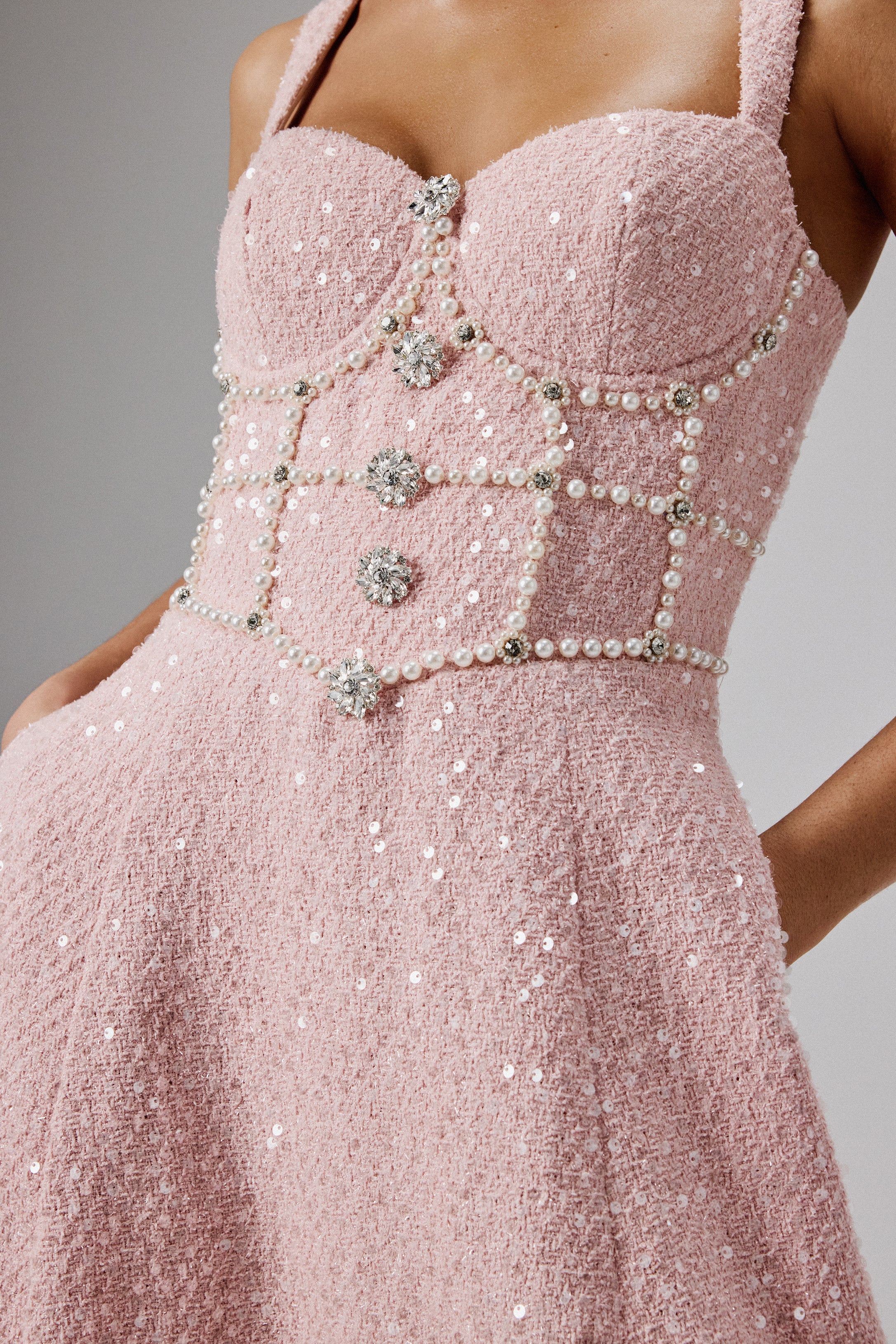 KIRA Pearl Embellished Boucle A Line Dress in Pink