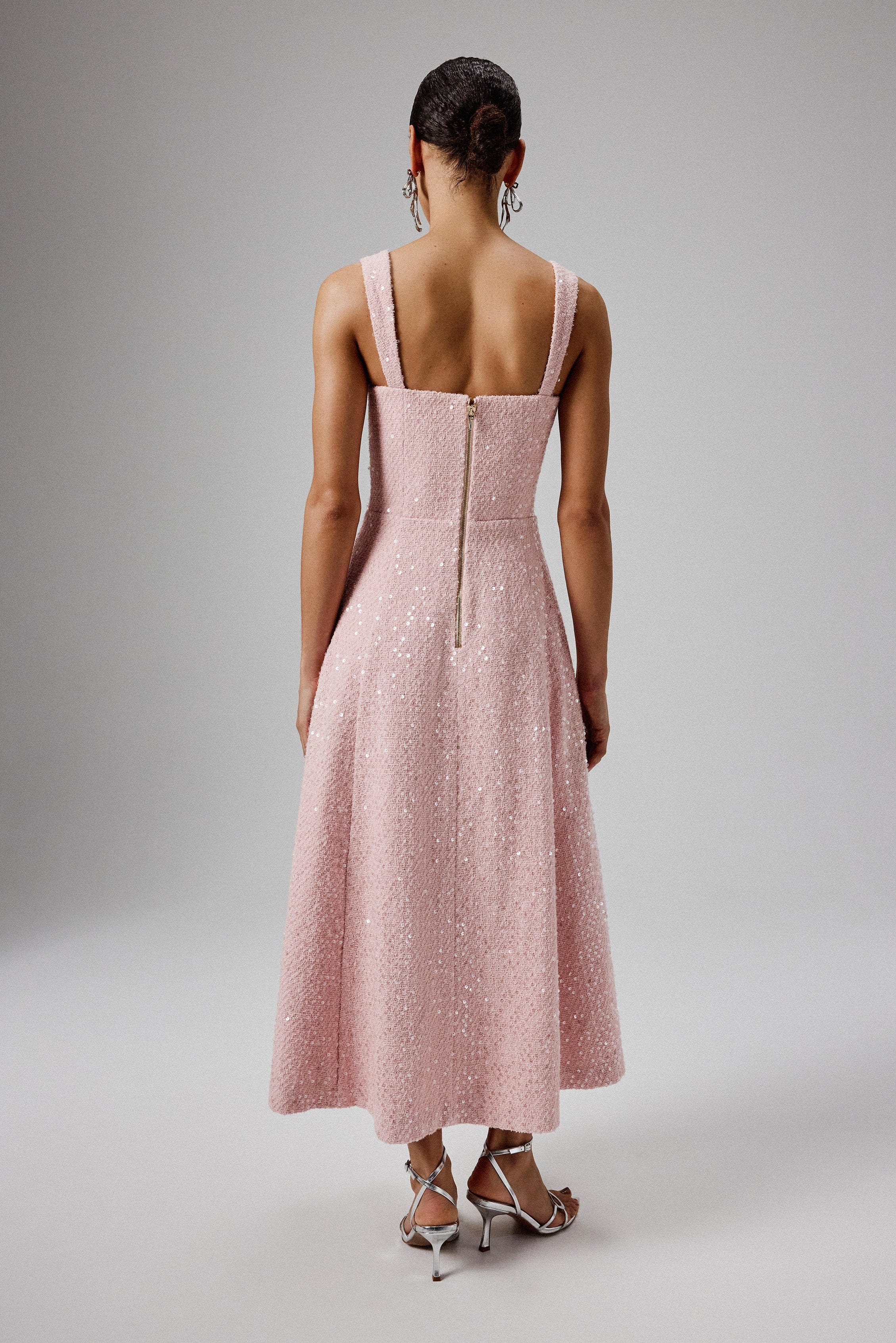 KIRA Pearl Embellished Boucle A Line Dress in Pink