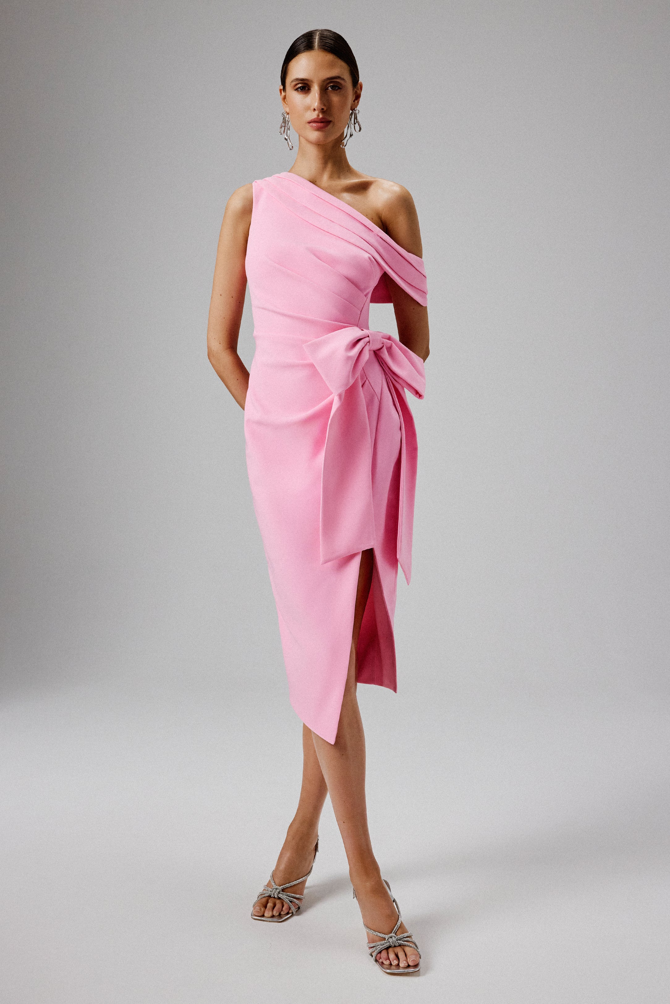 HONEY One Shoulder Pleated Bow Midi Dress in Pink