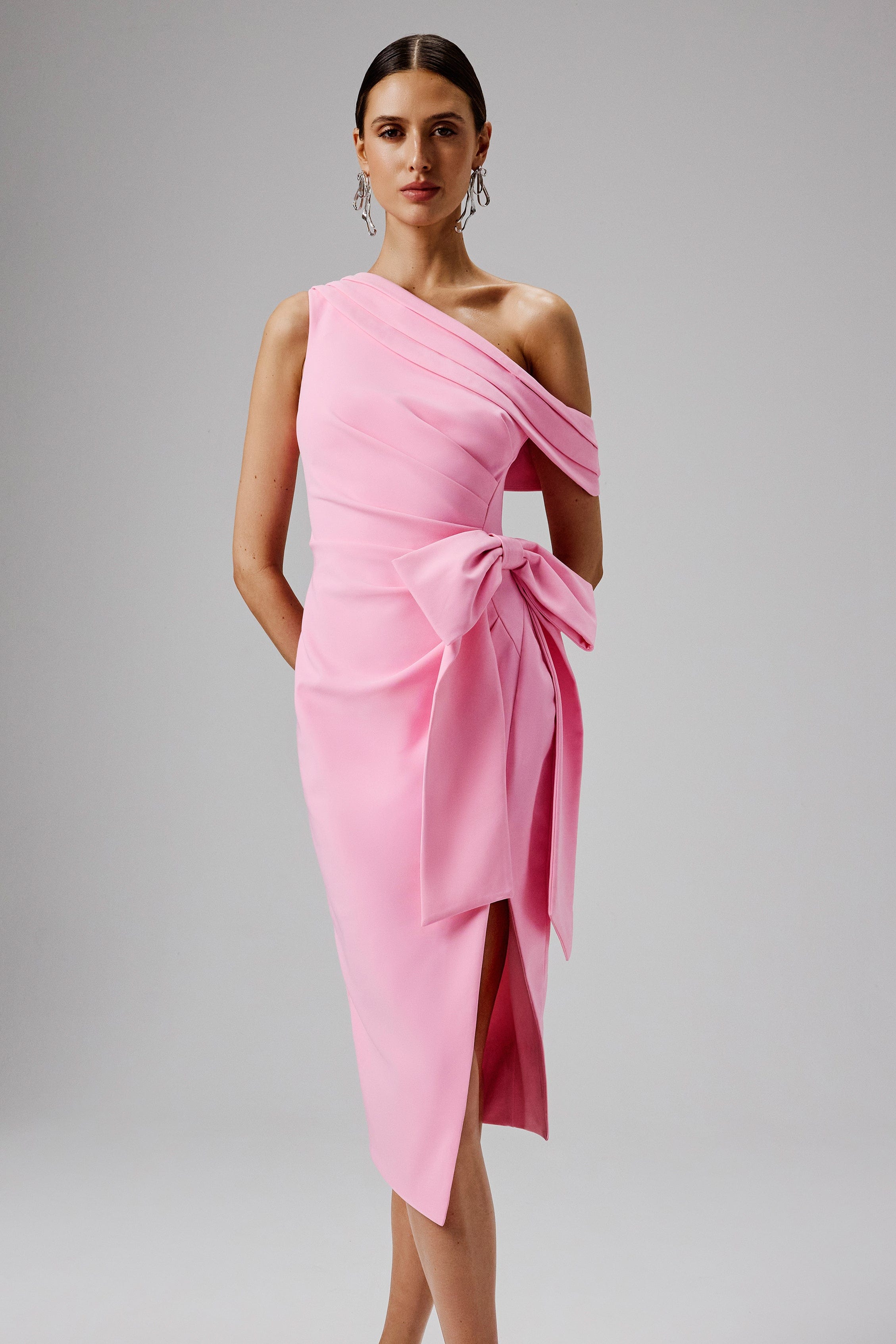 HONEY One Shoulder Pleated Bow Midi Dress in Pink