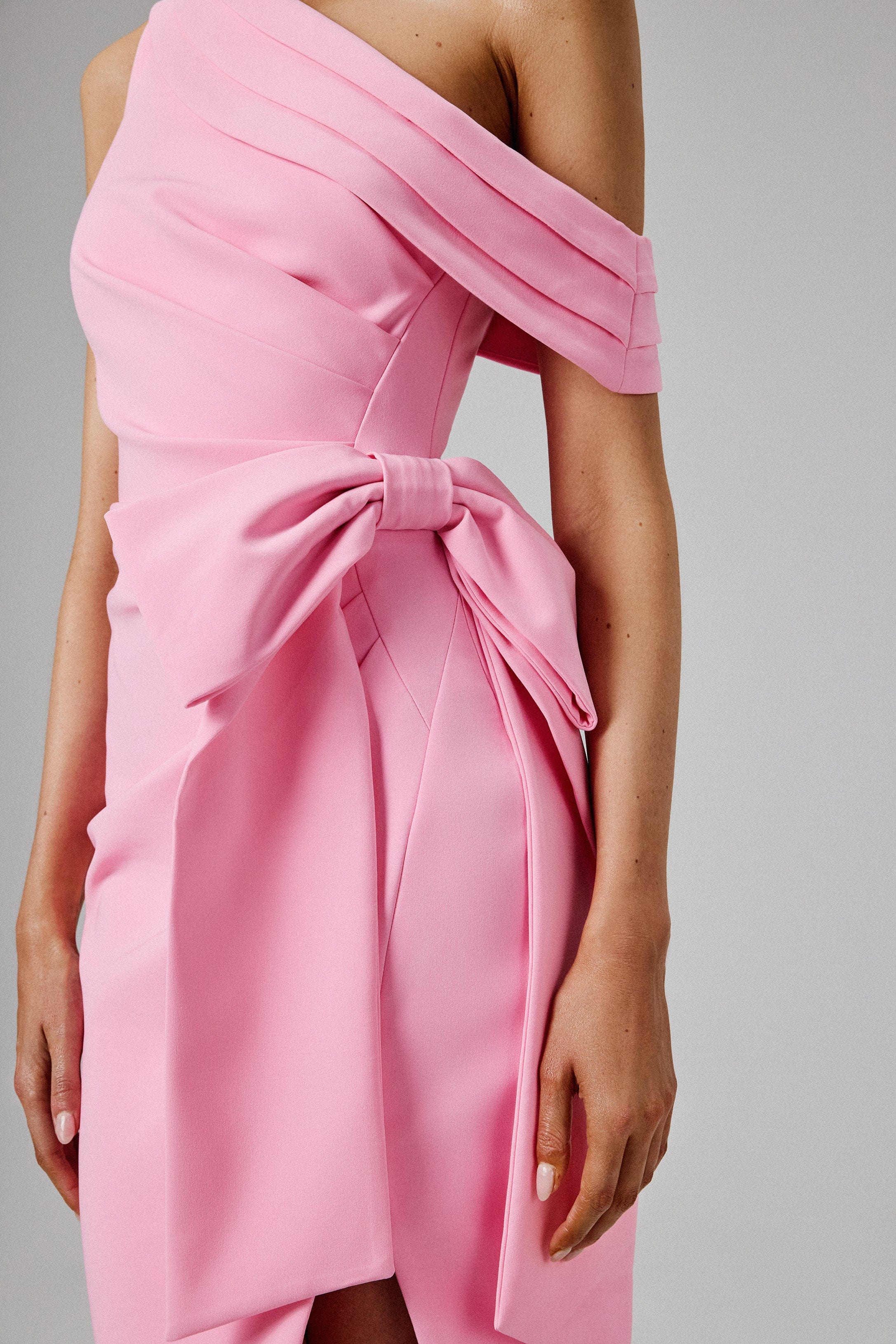 HONEY One Shoulder Pleated Bow Midi Dress in Pink