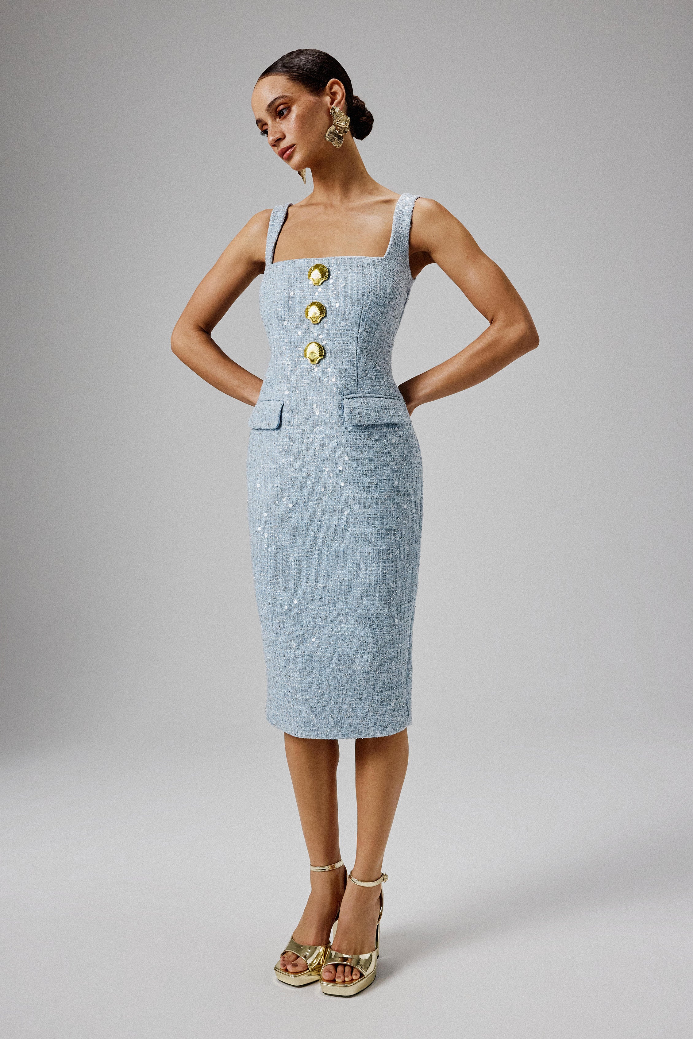 MARIE Square Neck Boucle Midi Dress with Shell Embellishment in Blue