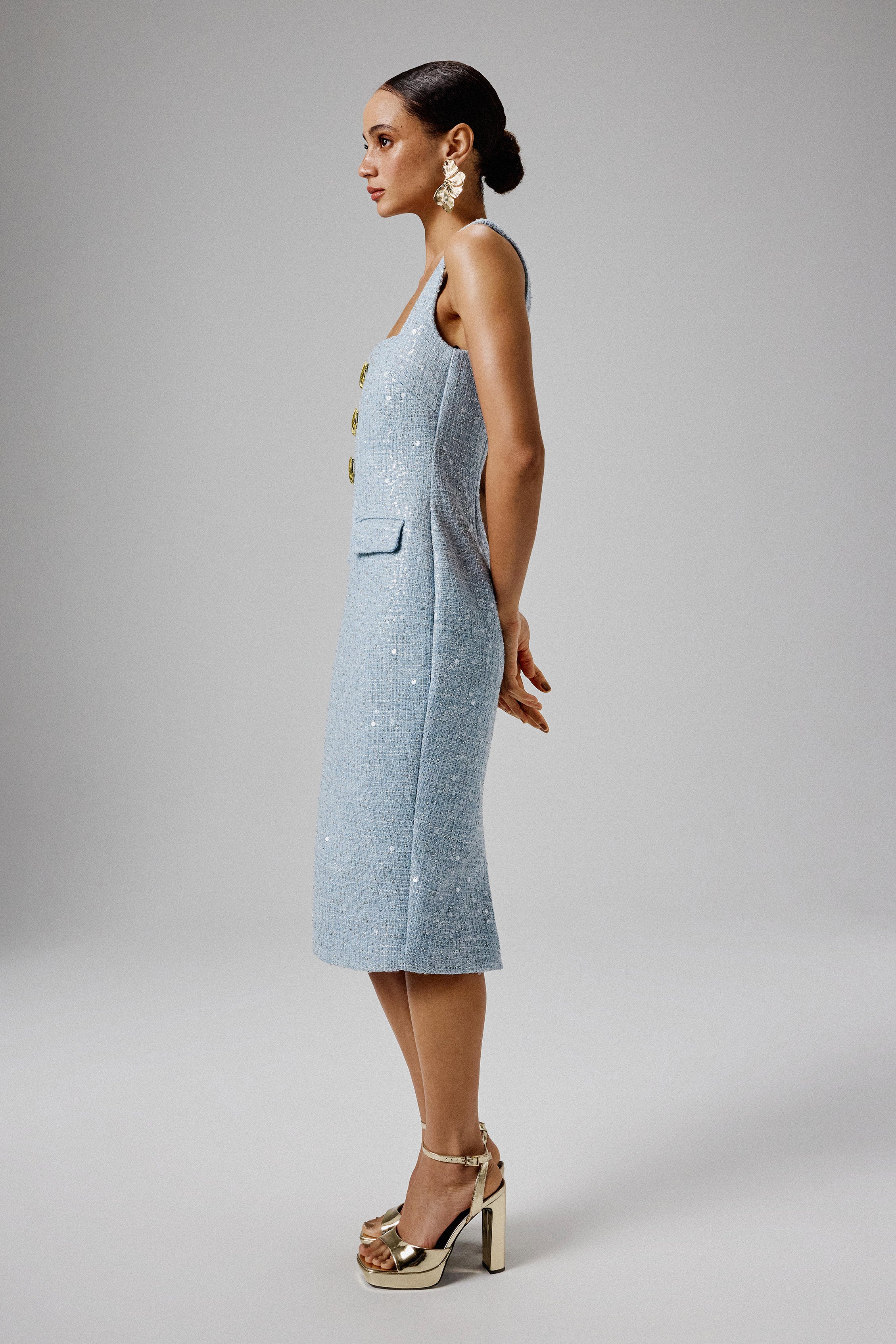 MARIE Square Neck Boucle Midi Dress with Shell Embellishment in Blue