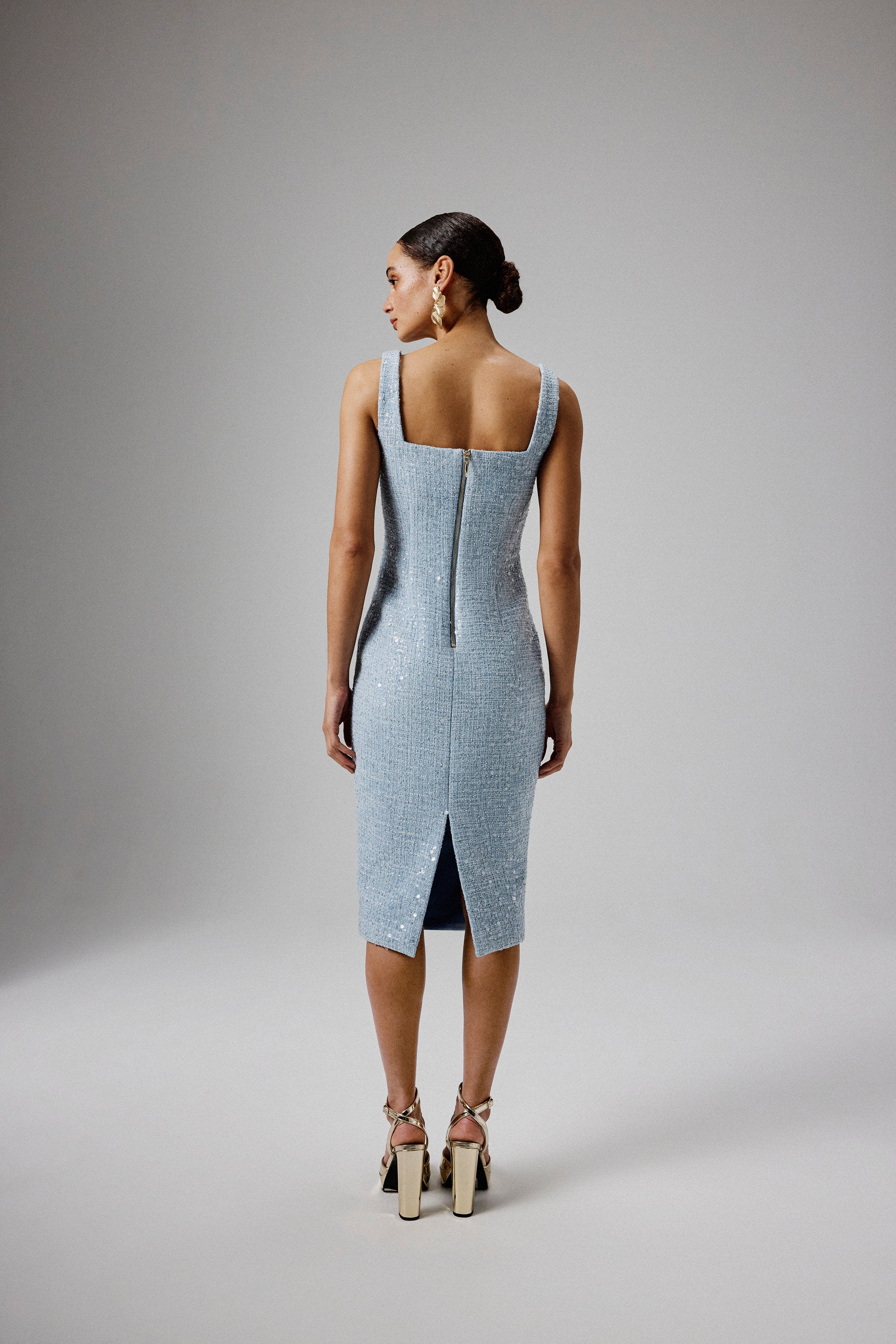 MARIE Square Neck Boucle Midi Dress with Shell Embellishment in Blue