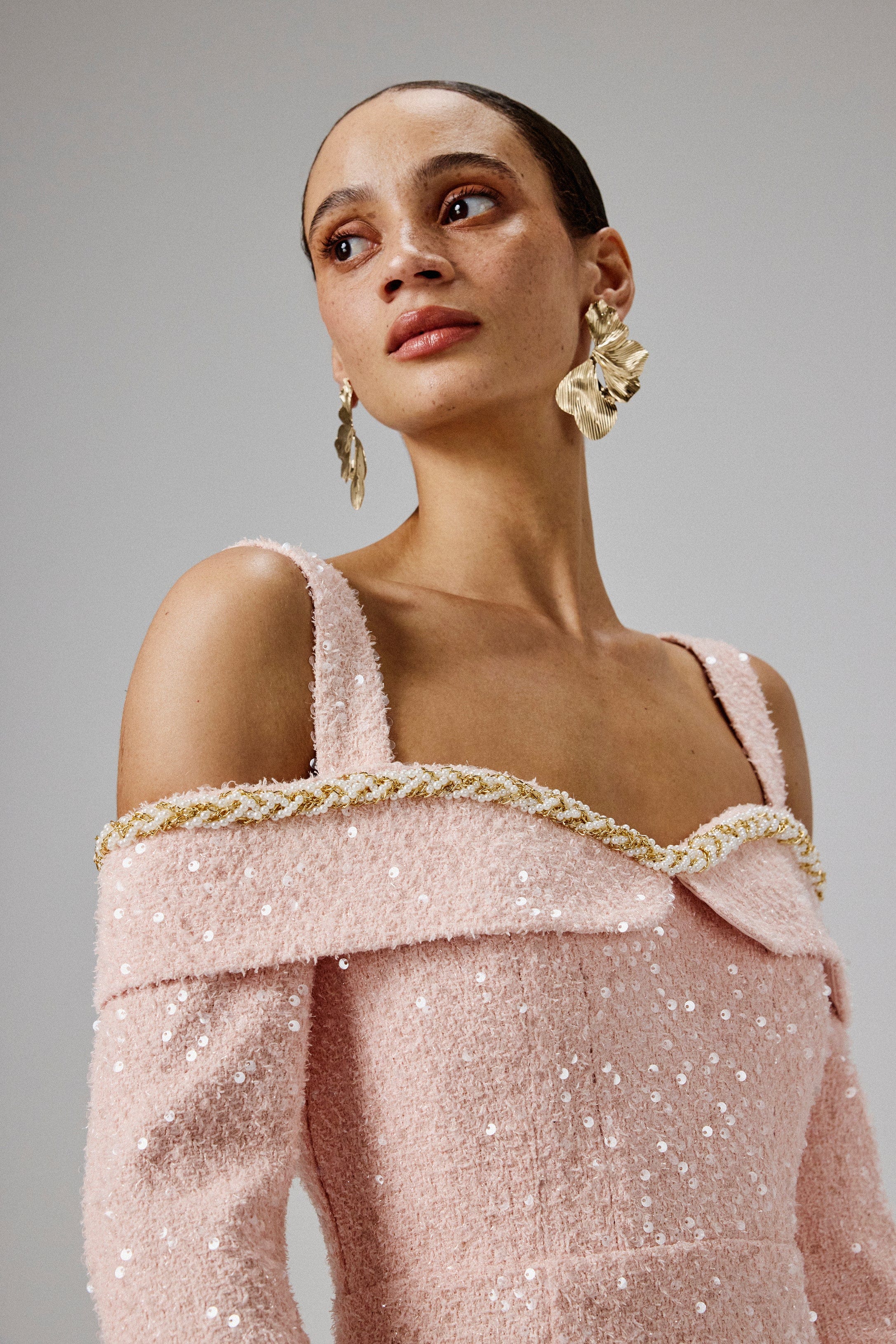 MANDI Sequin Boucle Bardot Long Midi Dress in Pink