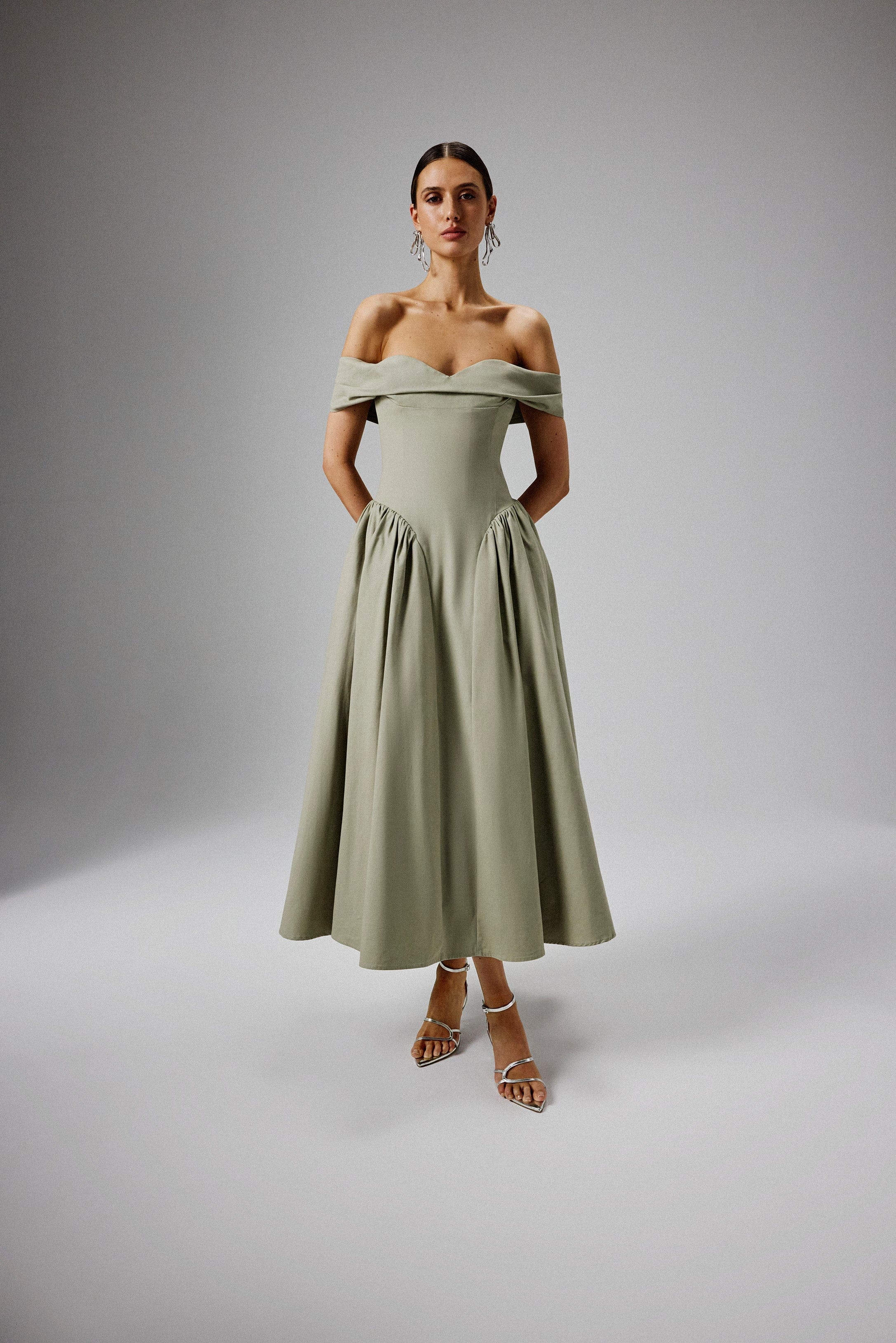 EMILY Off Shoulder Volumed Flared Sun Dress in Sage Green