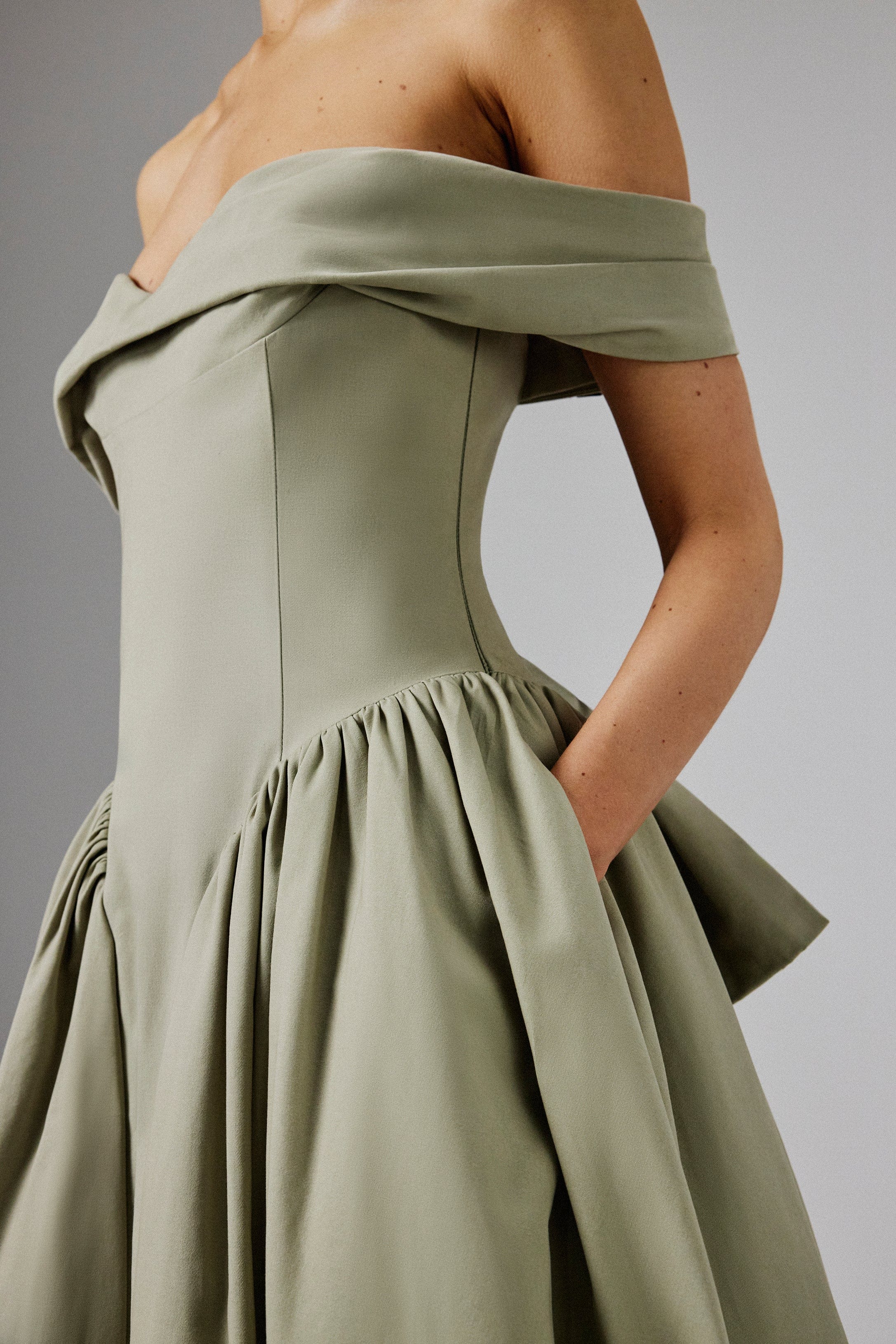 EMILY Off Shoulder Volumed Flared Sun Dress in Sage Green