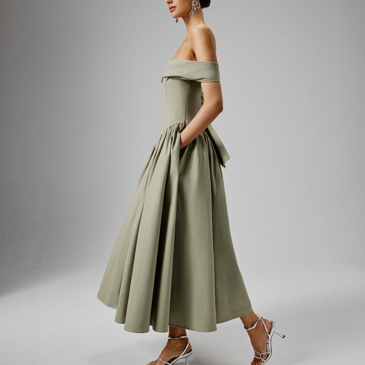 EMILY Off Shoulder Volumed Flared Sun Midi Dress in Sage Green