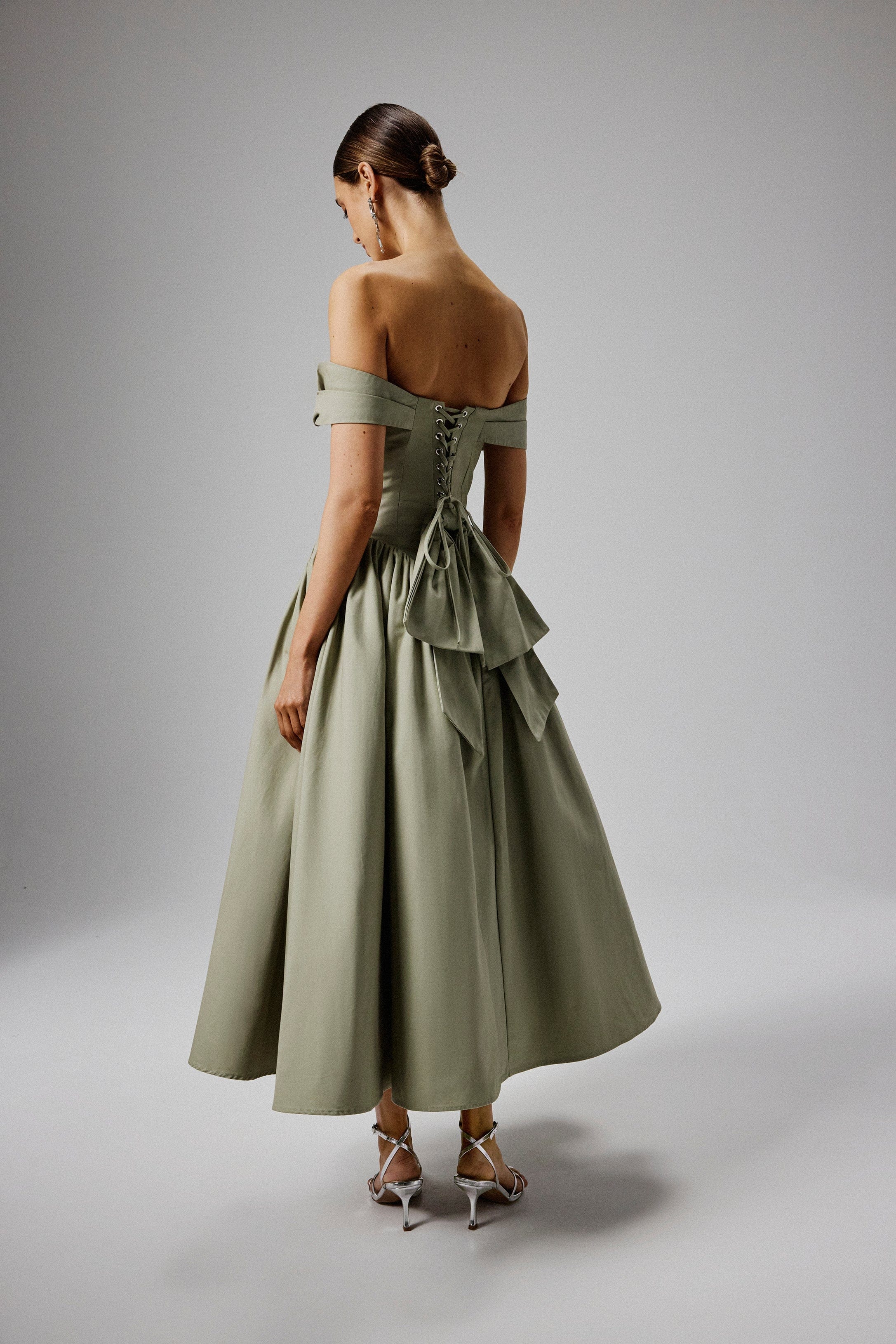 EMILY Off Shoulder Volumed Flared Sun Dress in Sage Green