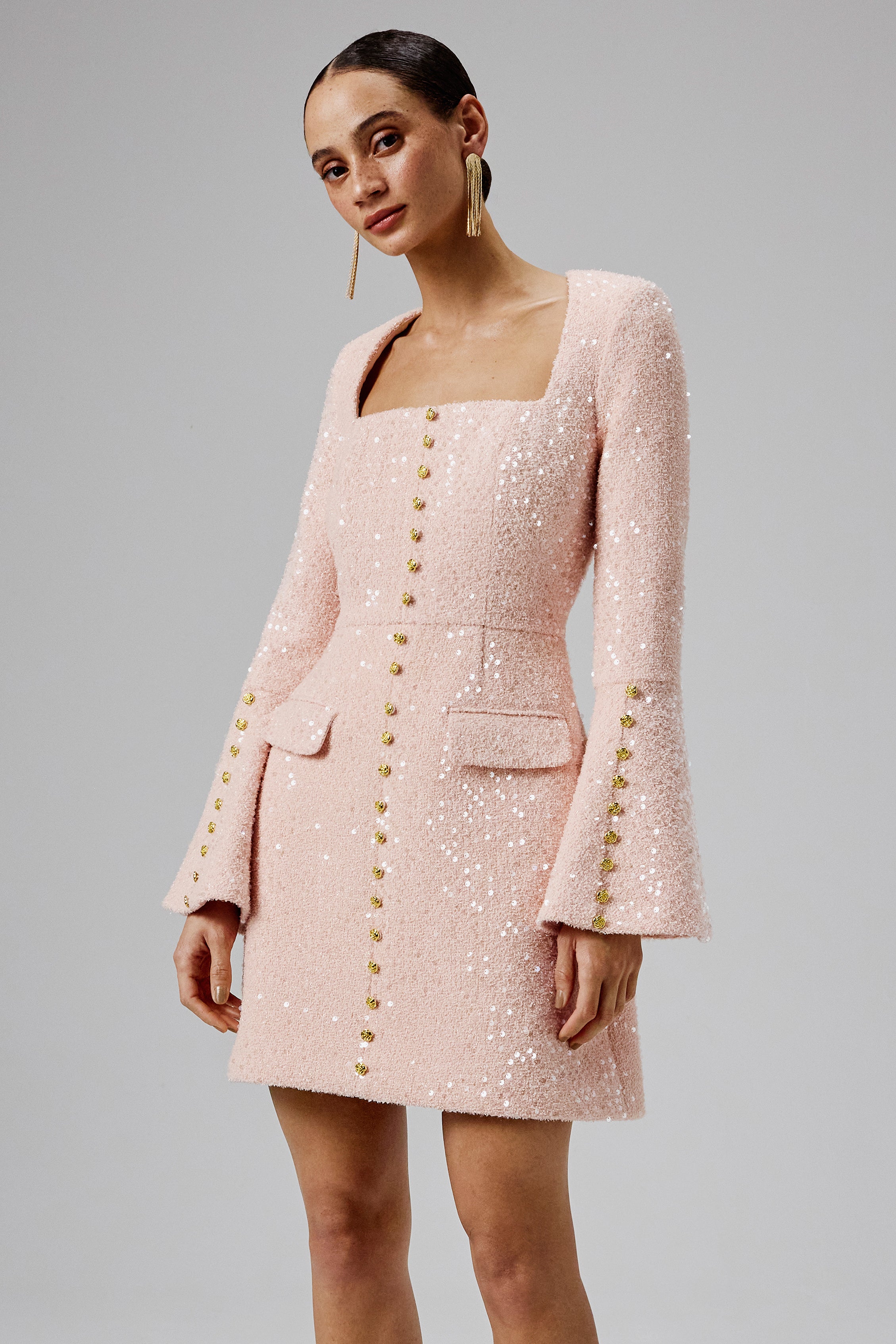 BELLA Sequin Boucle Micro Rose Button Mini Dress in Pink