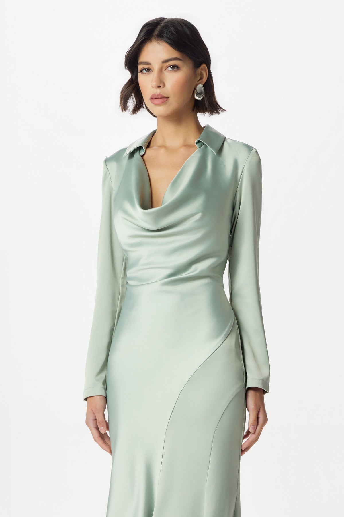 AURELIAH Satin Midi Dress in Sage