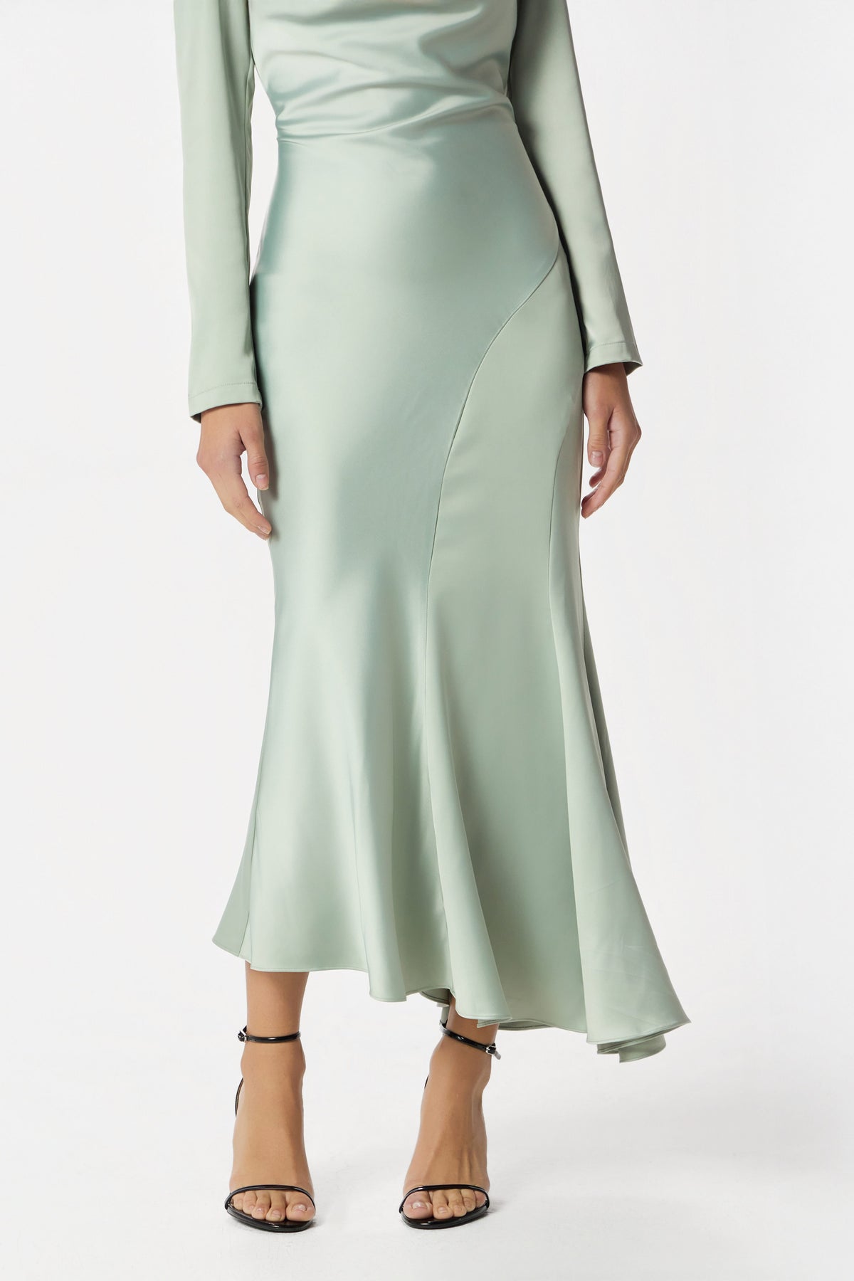 AURELIAH Satin Midi Dress in Sage