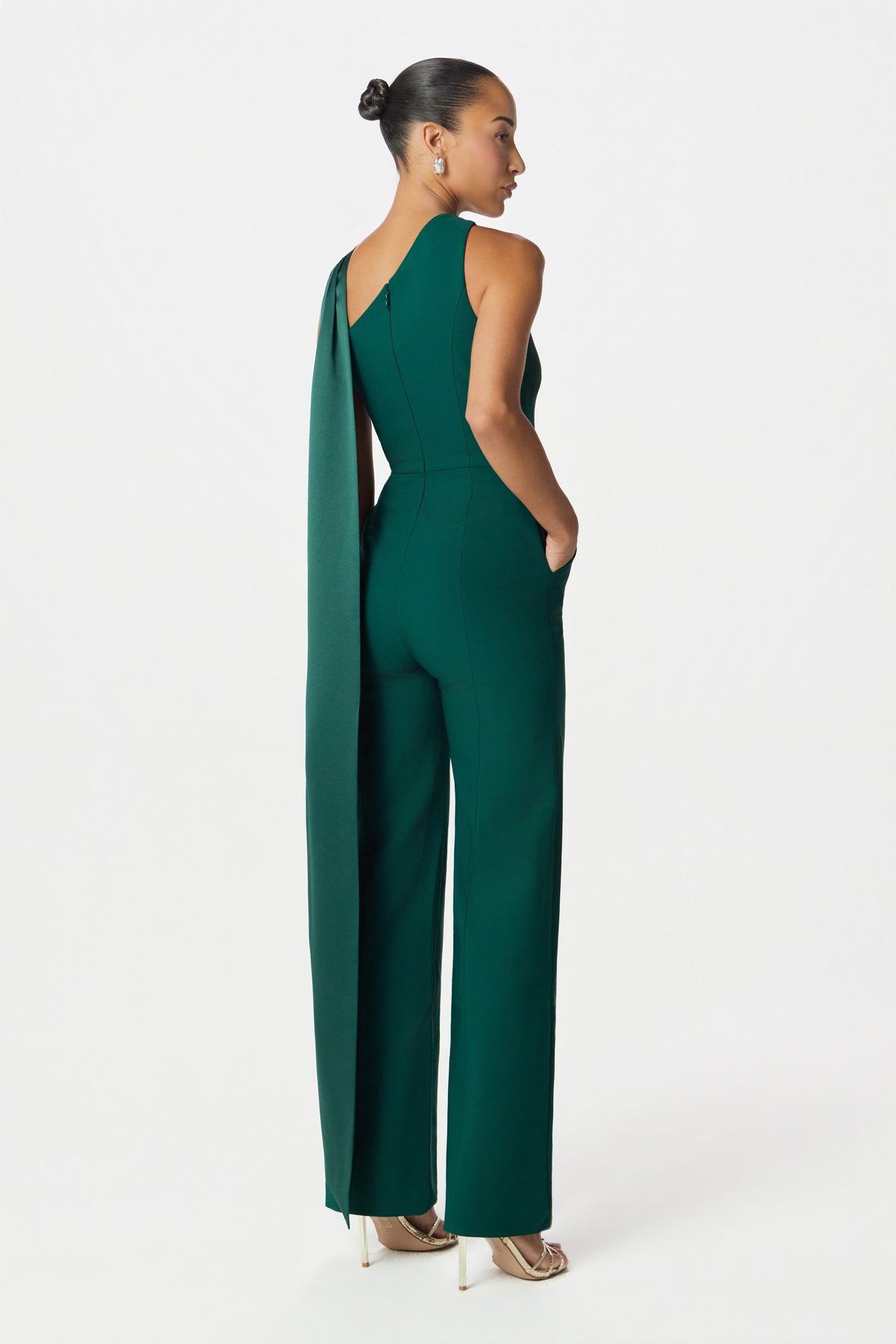 CHANTELLE Cross Neck Straight Leg Jumpsuit with Satin Drape in Emerald