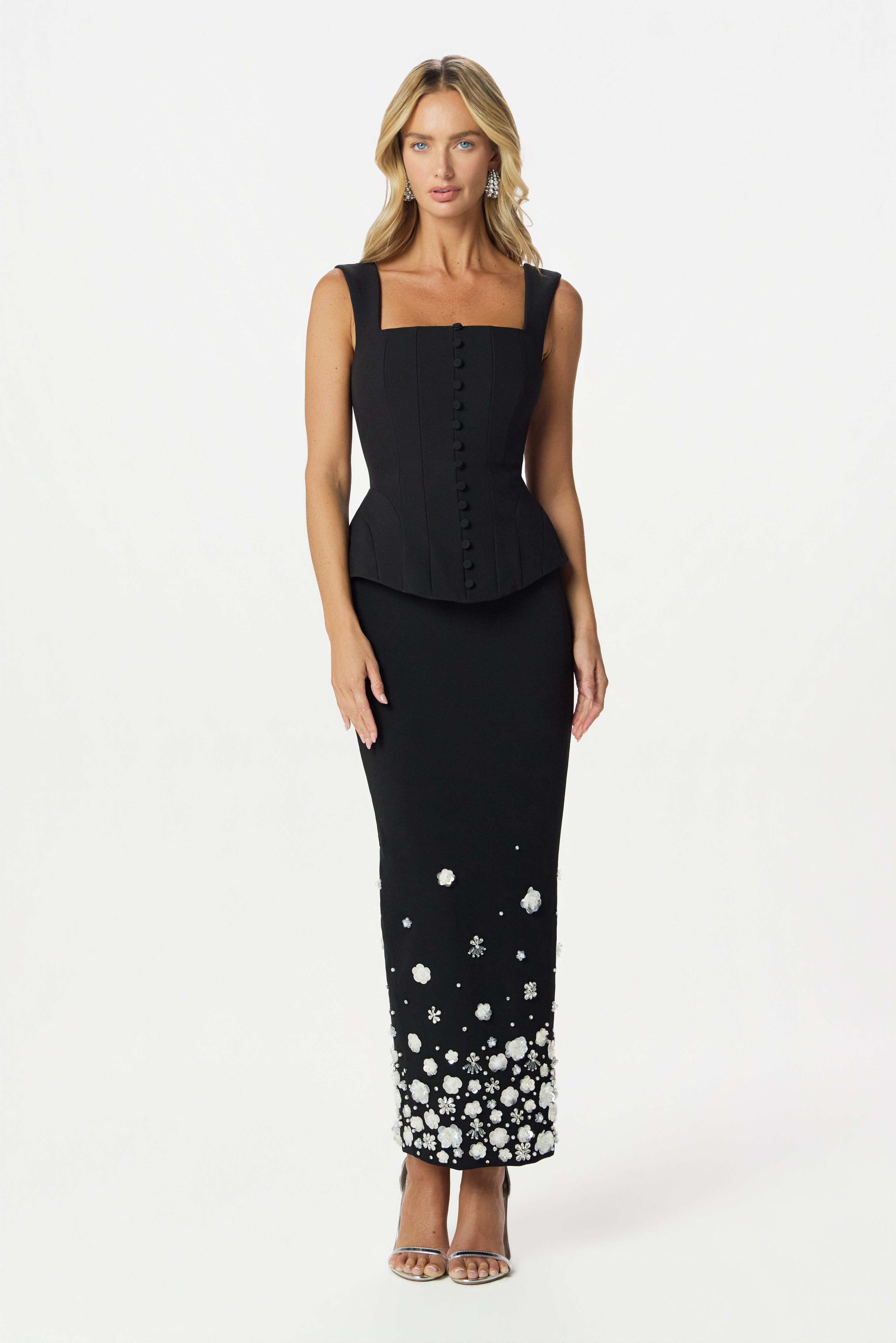 ELARA Ombre Embellished Maxi Skirt in Black