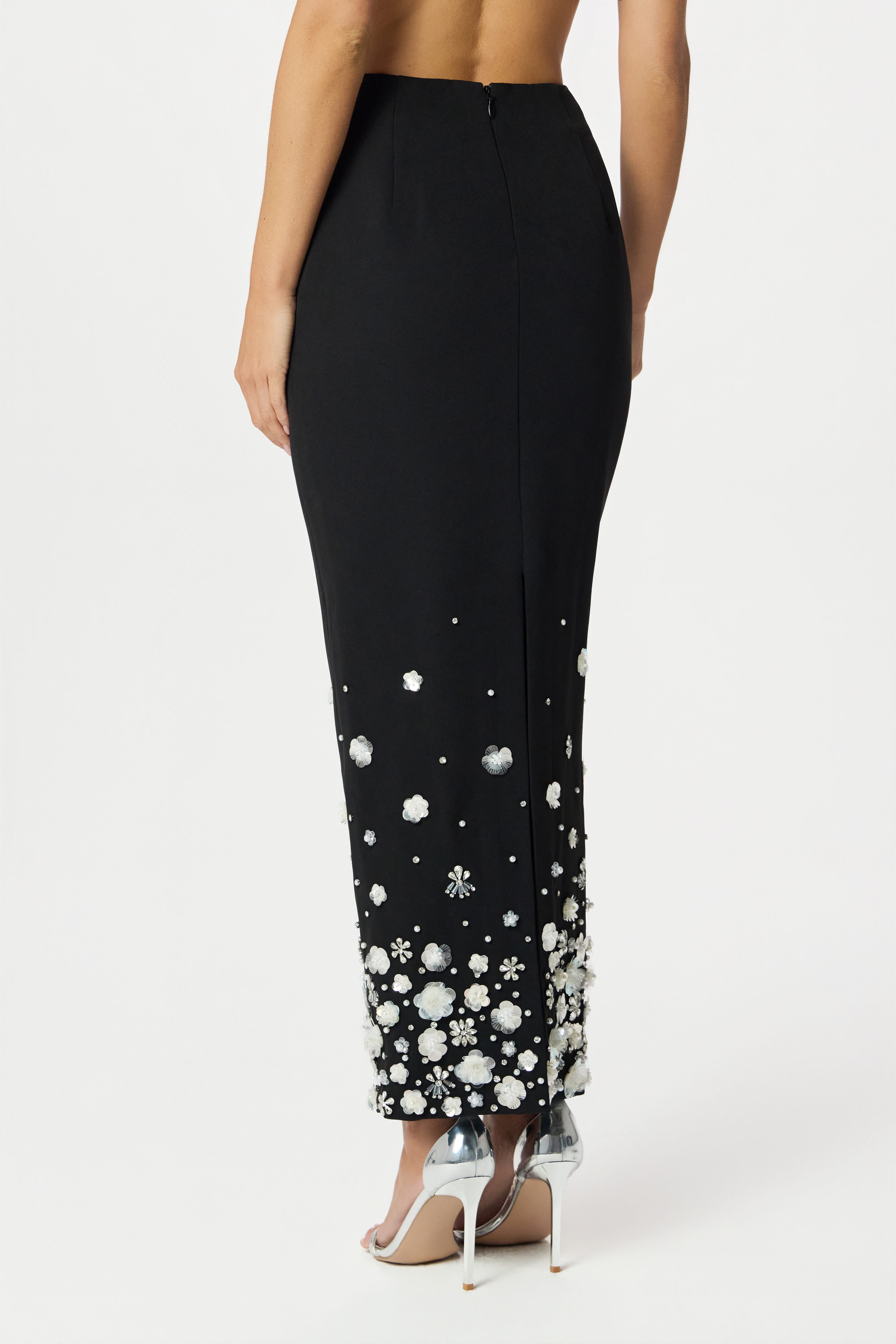 ELARA Ombre Embellished Maxi Skirt in Black