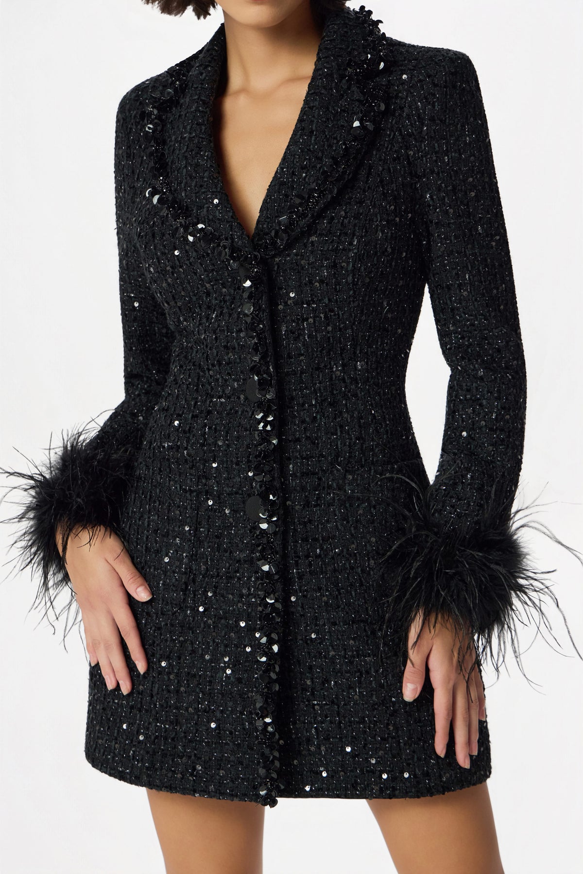 ELIANNA Embellished Boucle Blazer Dress in Black
