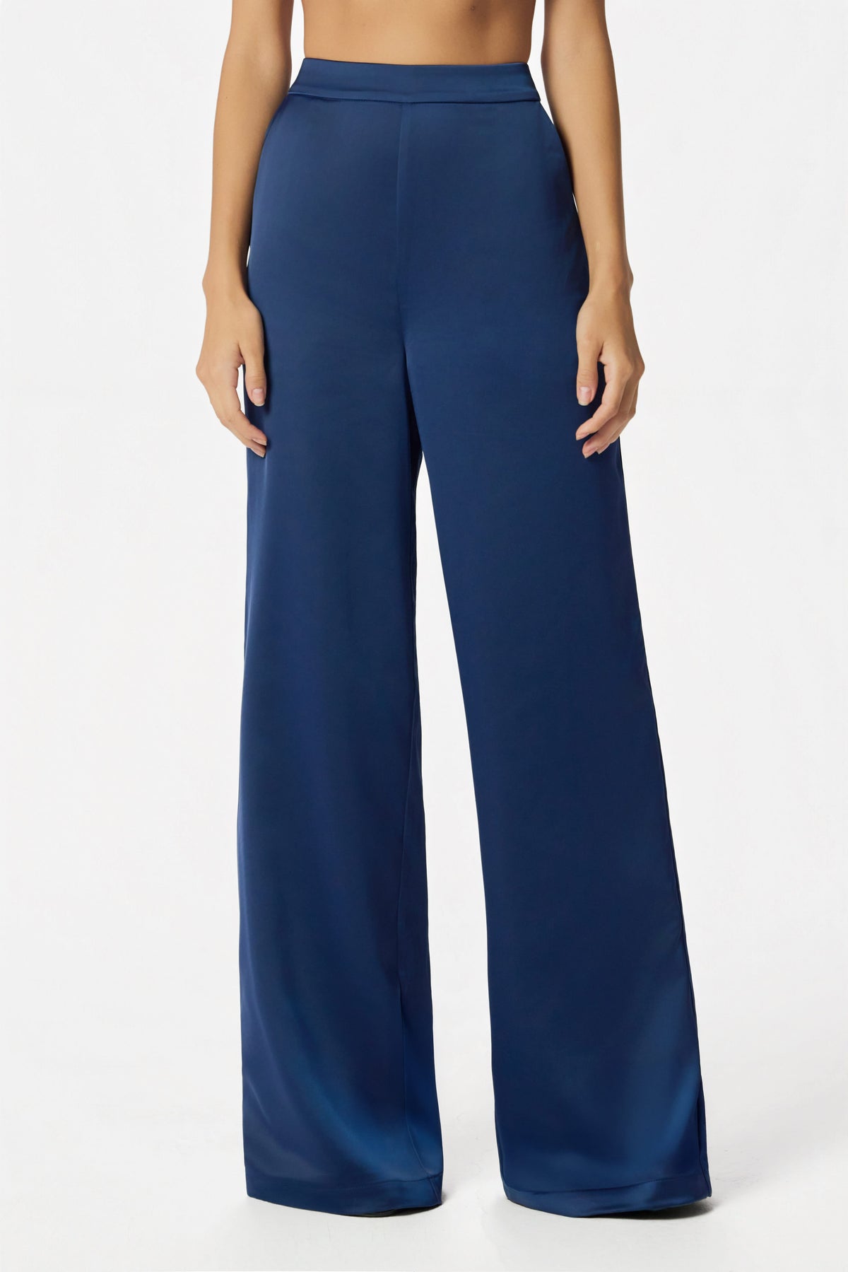 ELLIE Wide Leg Satin Trousers in Navy