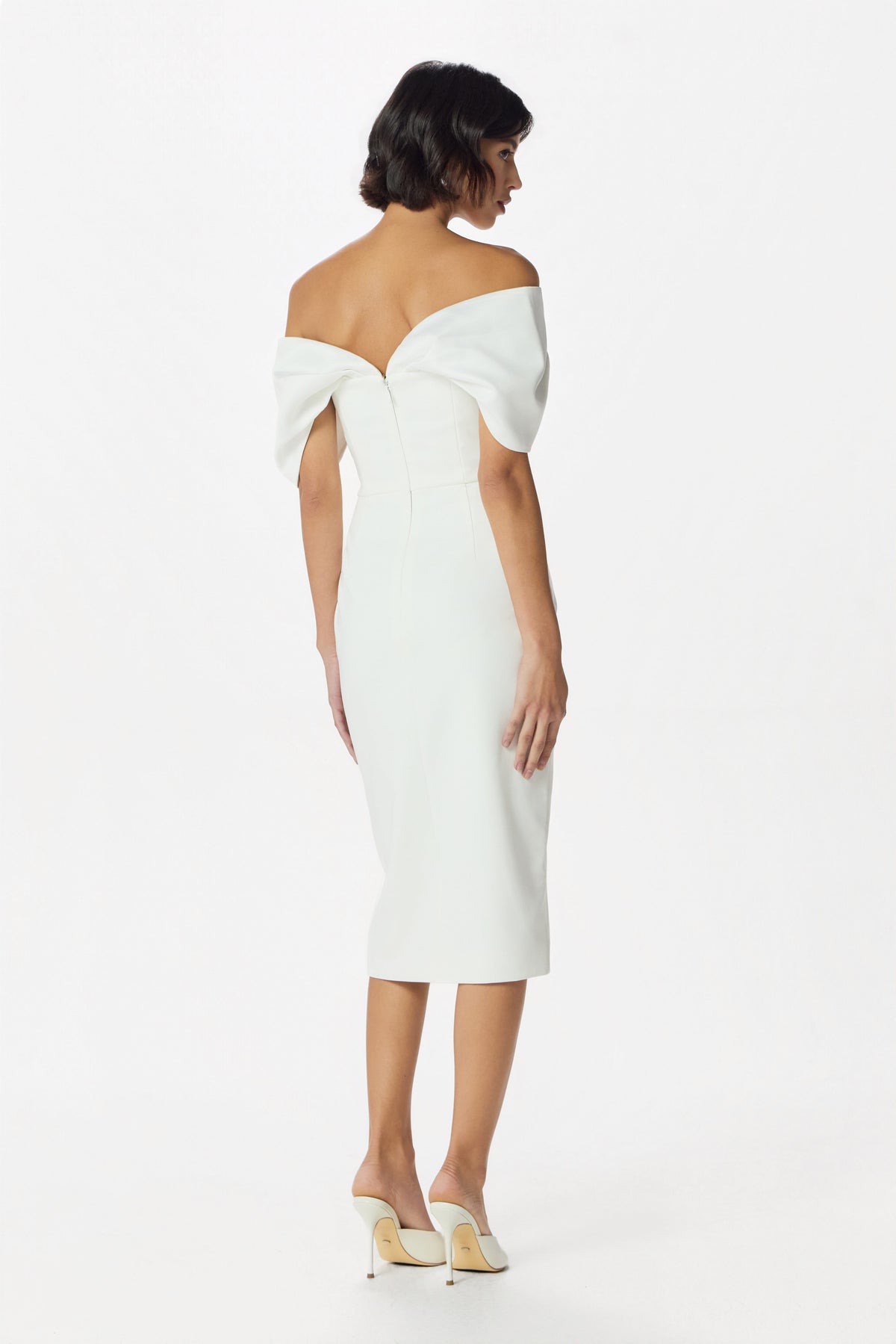 NOELLE Button Detail Midi Dress in White