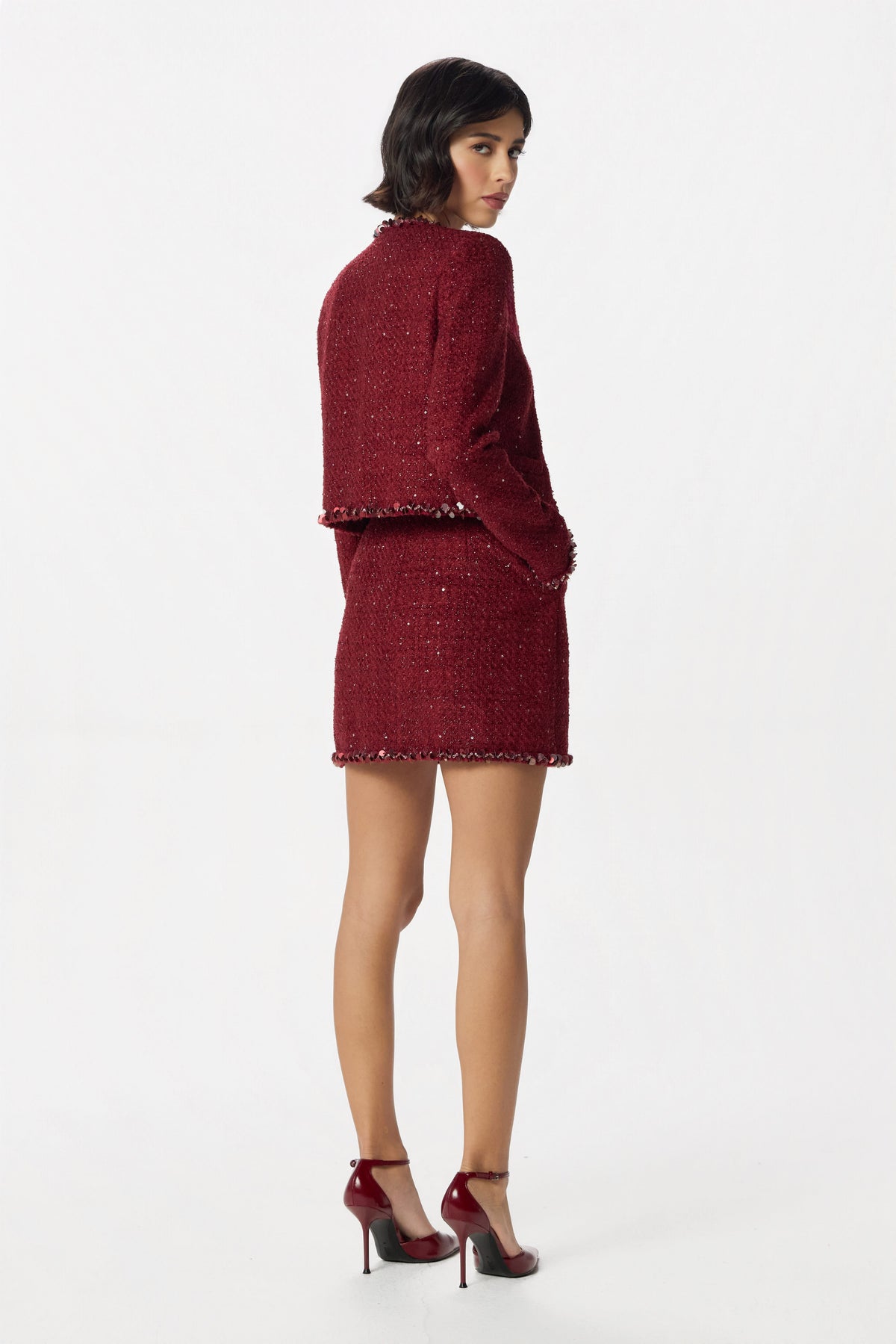 SIERRA Embellished Boucle Mini Skirt in Burgundy
