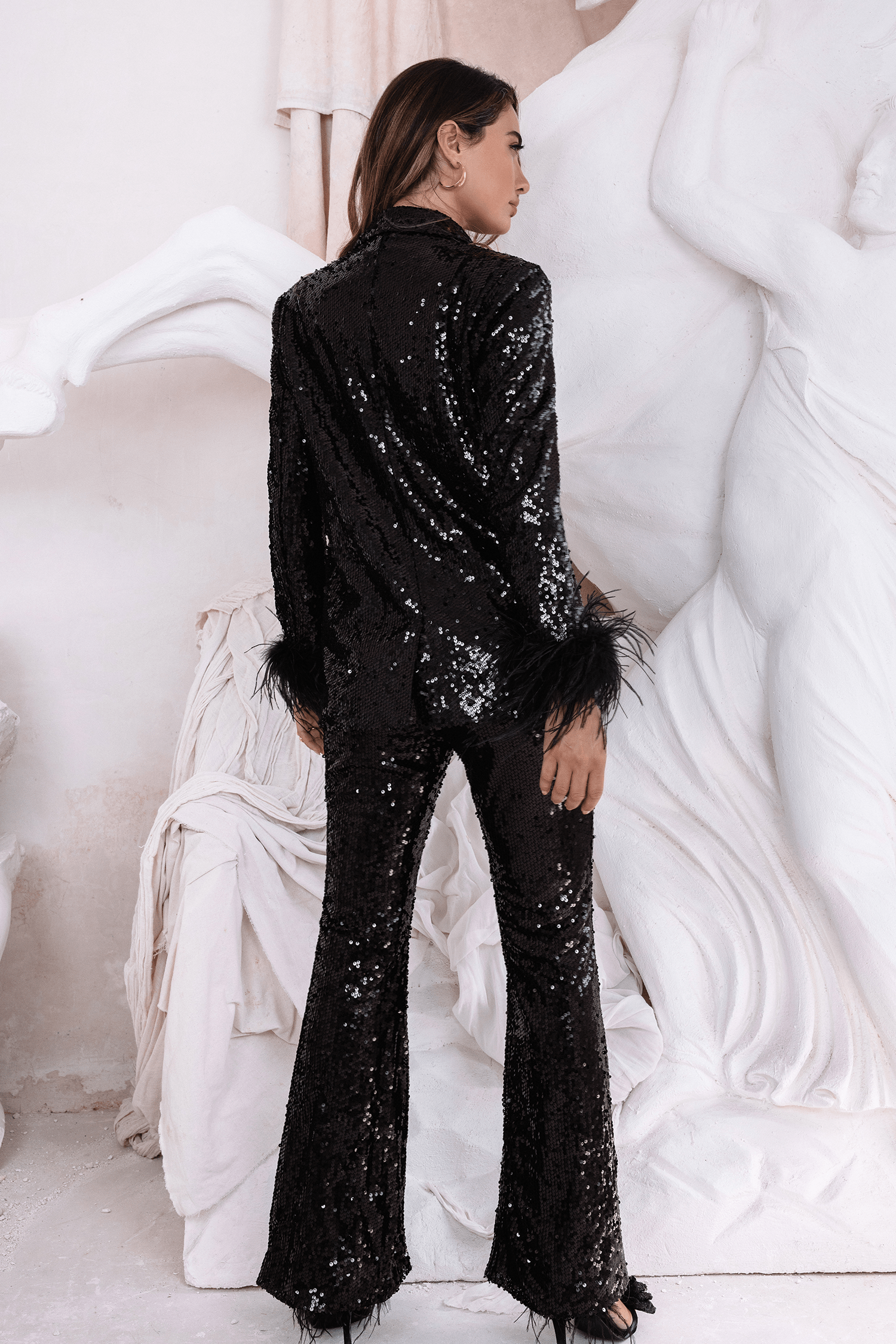 TAMSIN Oversized Sequin Blazer with Feather Cuffs in Black