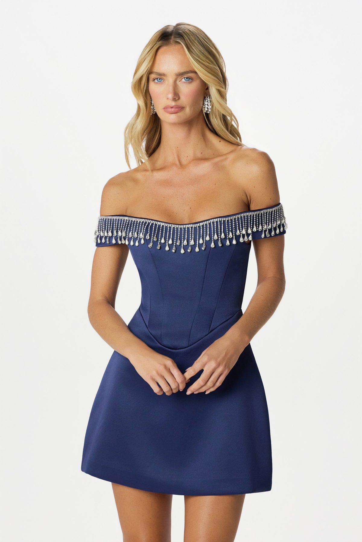 blue off the shoulder mini dress THEA Satin With Diamante Fringe In Midnight Bl size 14S Side hook and eye Plus Size A-Line Dresses COLOR:INK SOFT FADE