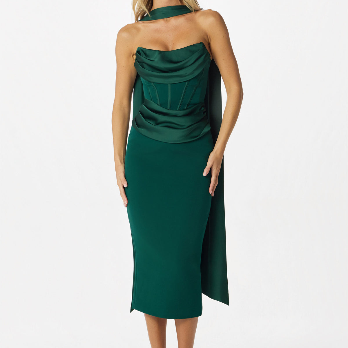 green sheath dress ZENDEYA Bandeau Neck Midi in Emerald Khaki