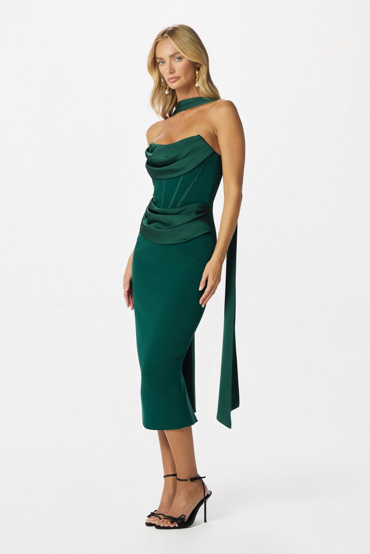 ZENDEYA Bandeau Neck Midi Dress in Emerald