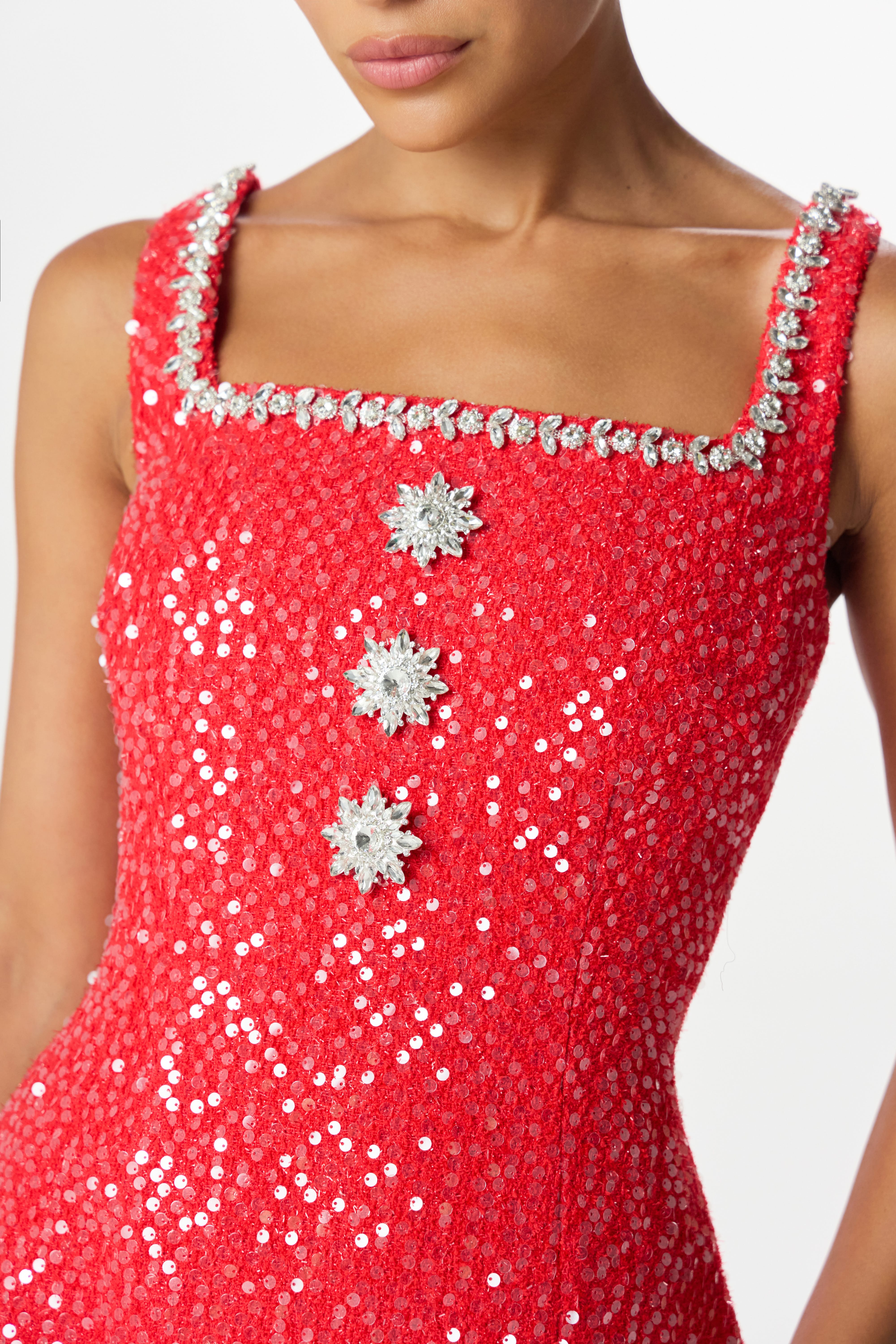 ZOEY Embellished Boucle Tulip Mini Dress in Red