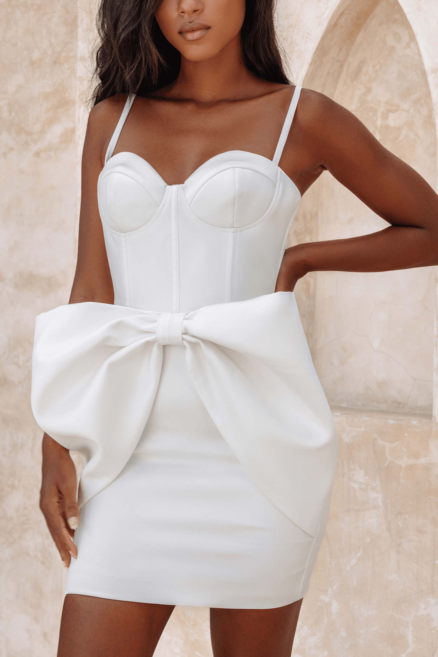 MICHELLE Extreme Bow Corset Detail Mini Dress In White Satin - Lavish Alice