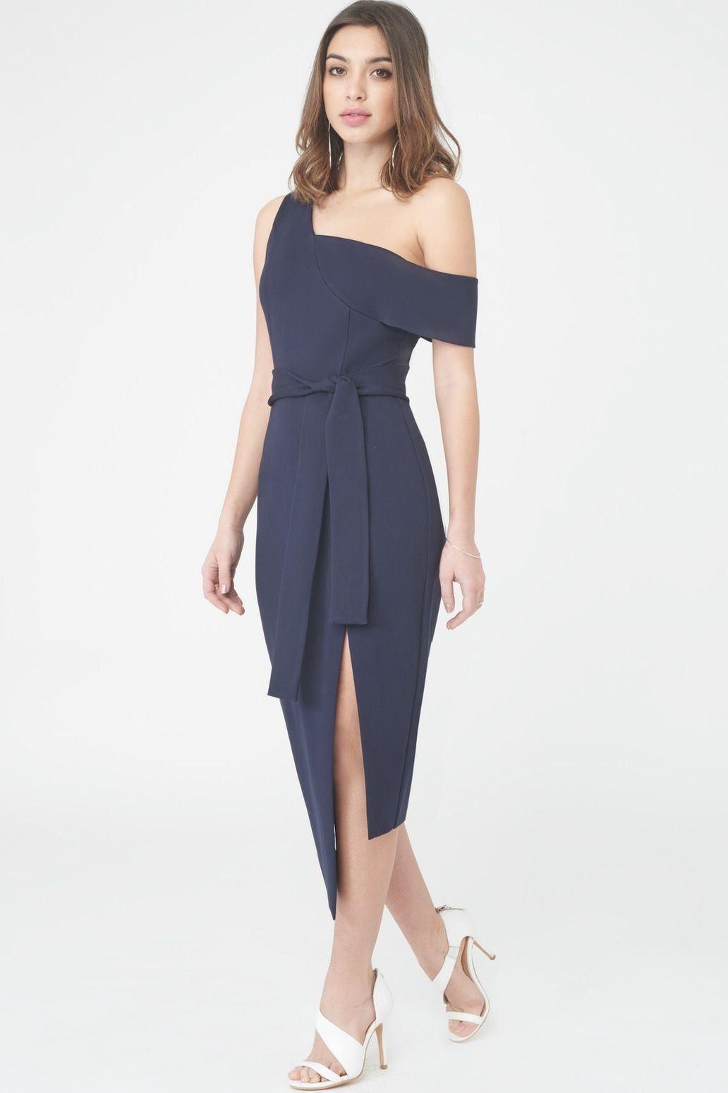 Asymmetric Midi Dress in Navy - Lavish Alice