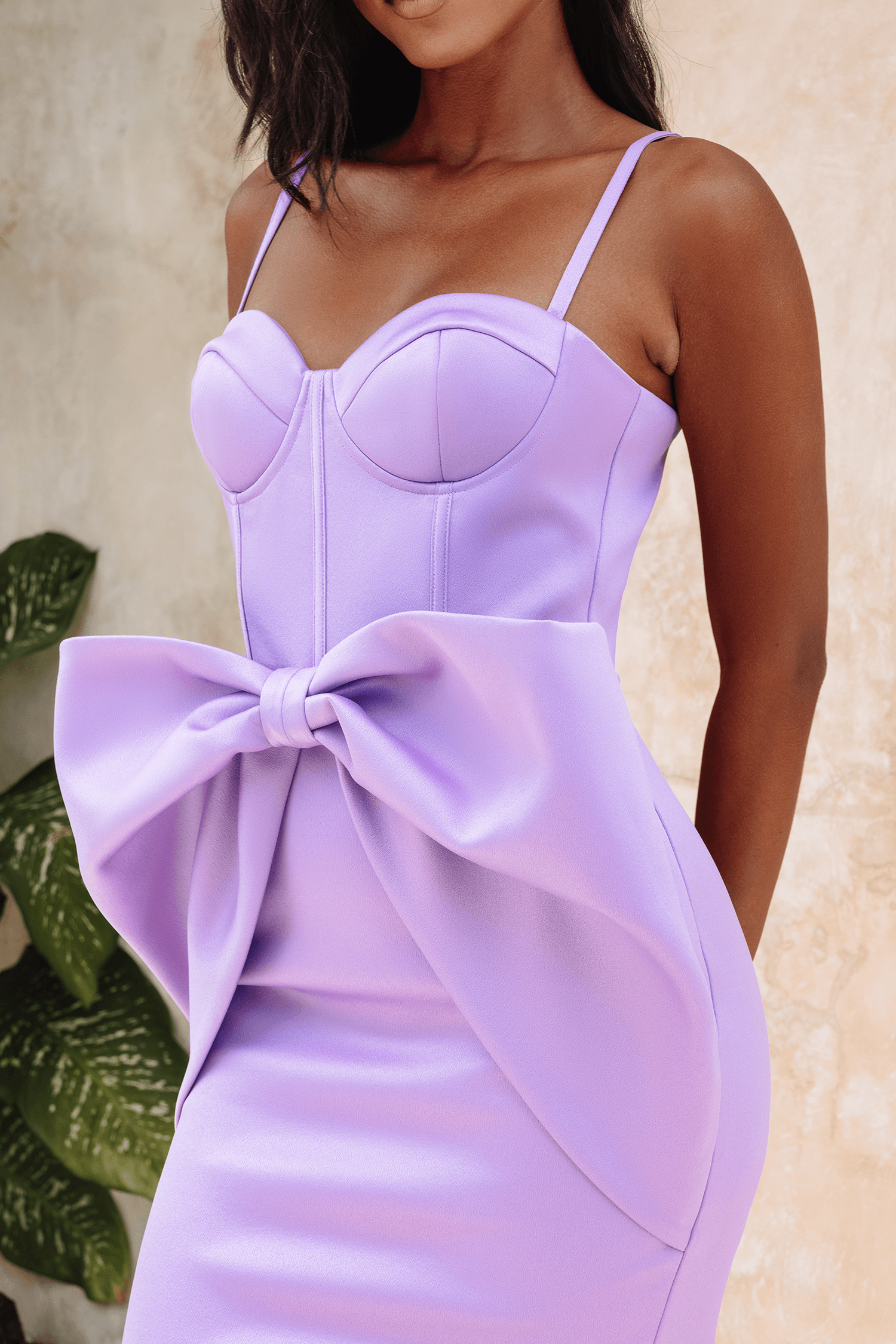 SHILOH Extreme Bow Corset Detail Midi Dress In Lavender Satin - Lavish Alice