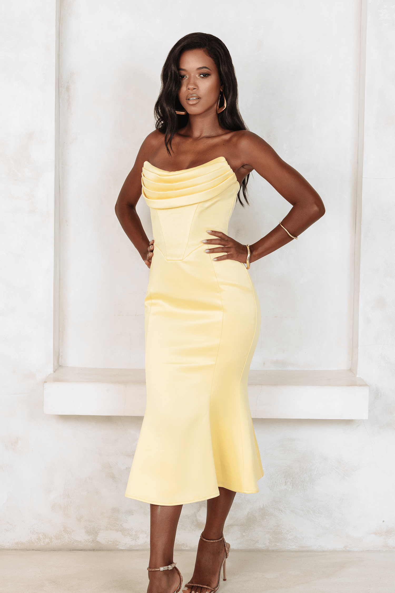 LUCIA Cowl Corset Satin Midi Dress In Yellow - Lavish Alice